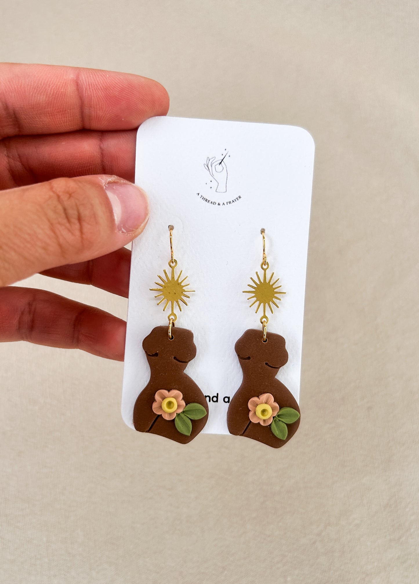 Floral Goddess Clay Earrings | Female Body | Sun Brass Accent | Feminist Earrings | Valentines | Lightweight | Feminine | Romantic Earrings | Gals