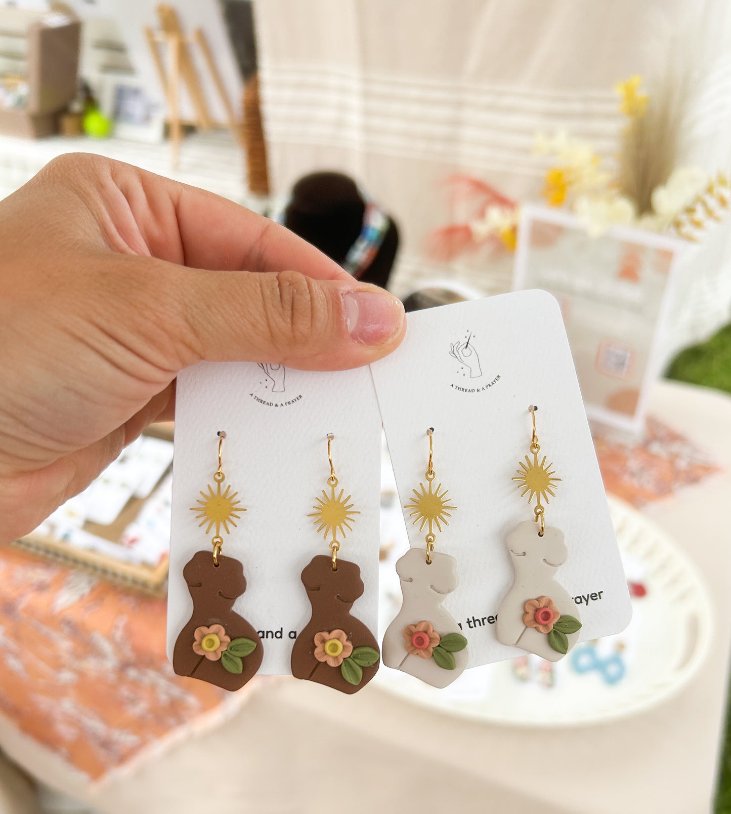 Floral Goddess Clay Earrings | Female Body | Sun Brass Accent | Feminist Earrings | Valentines | Lightweight | Feminine | Romantic Earrings | Gals