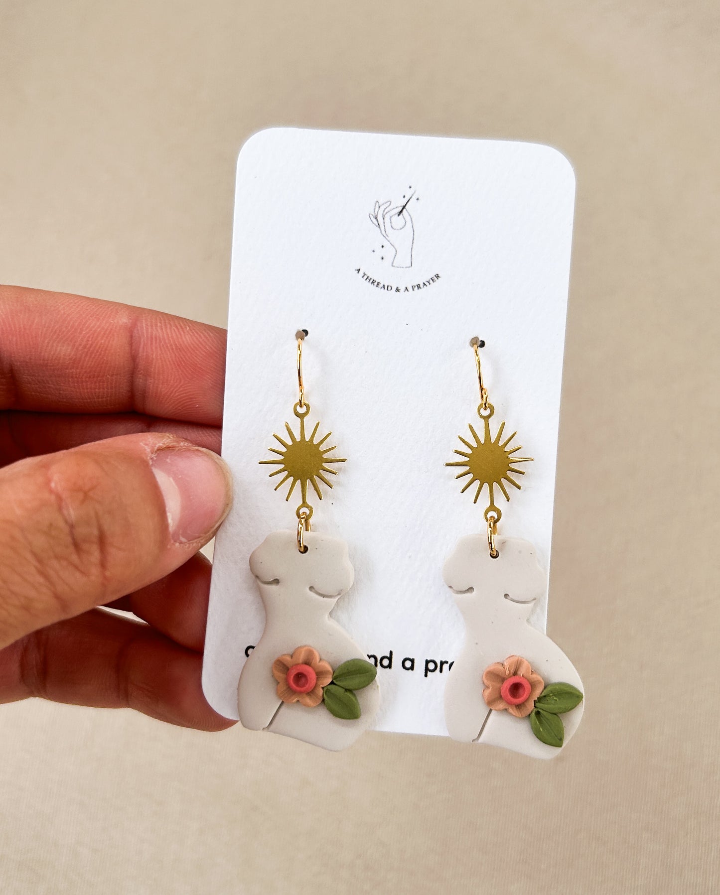 Floral Goddess Clay Earrings | Female Body | Sun Brass Accent | Feminist Earrings | Valentines | Lightweight | Feminine | Romantic Earrings | Gals
