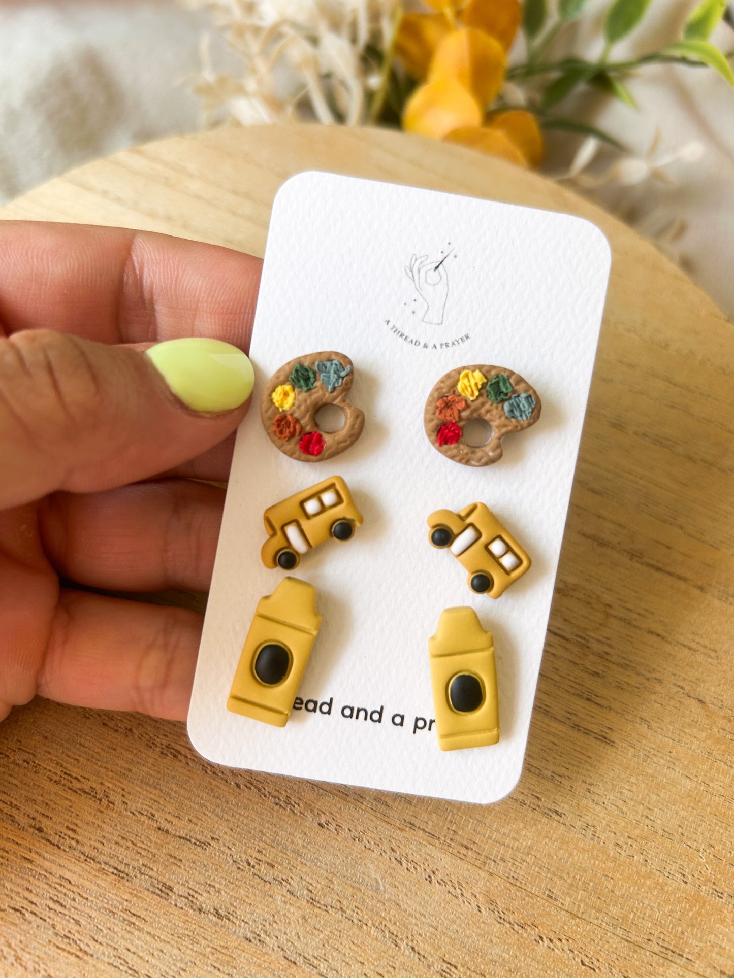 Back to School Stud Earrings | Fall Studs | Autumn | Titanium | Apples, School Bus, Crayons, Pencils
