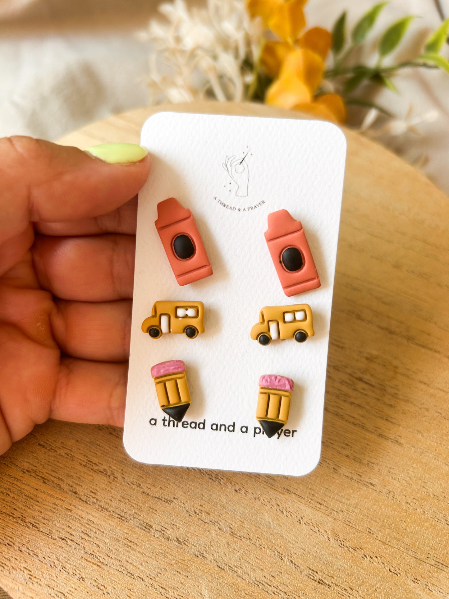 Back to School Stud Earrings | Fall Studs | Autumn | Titanium | Apples, School Bus, Crayons, Pencils