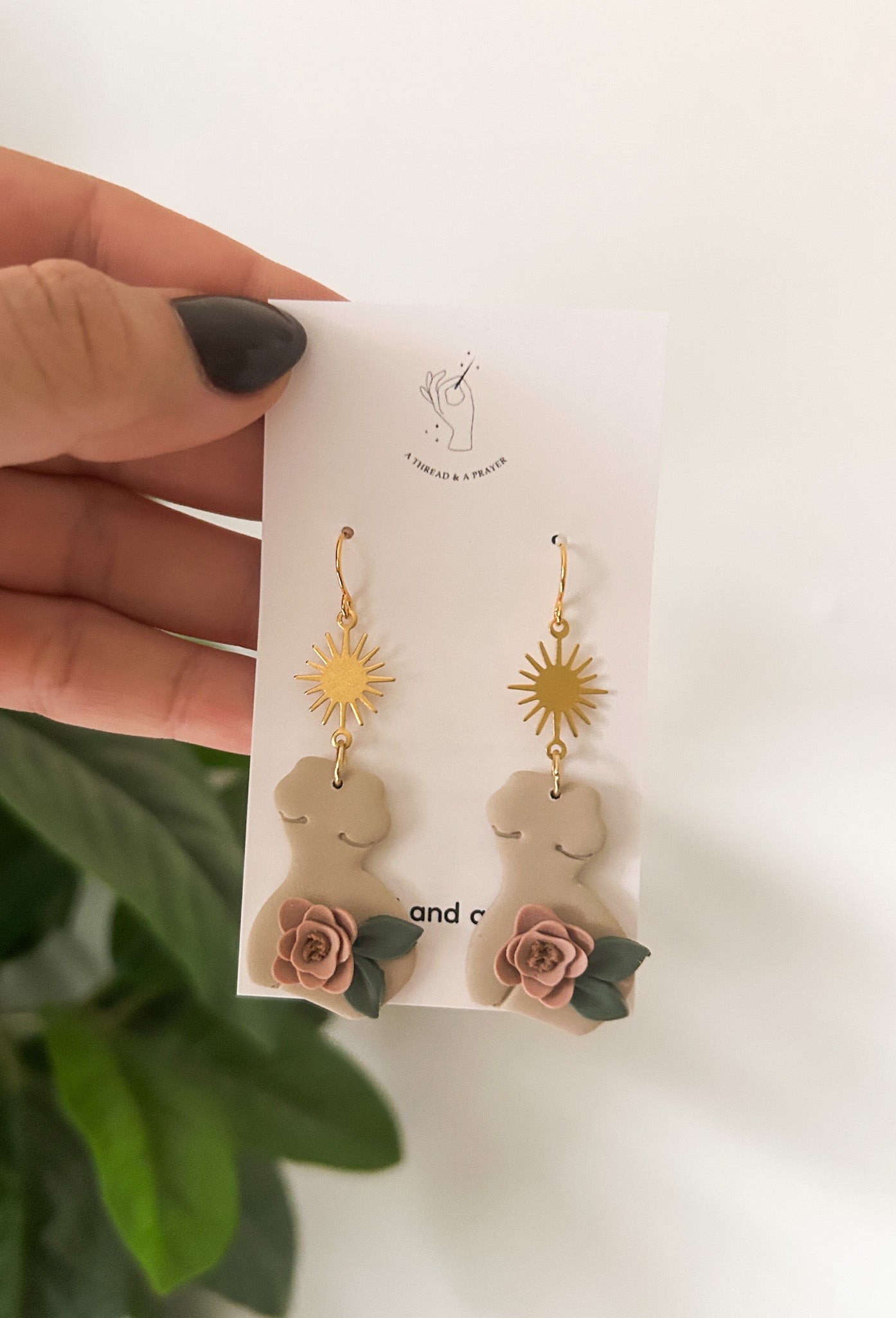Fall Goddess Clay Earrings | Female Body | Sun Brass Accent | Feminist Earrings | Floral | Lightweight | Feminine | Romantic Earrings