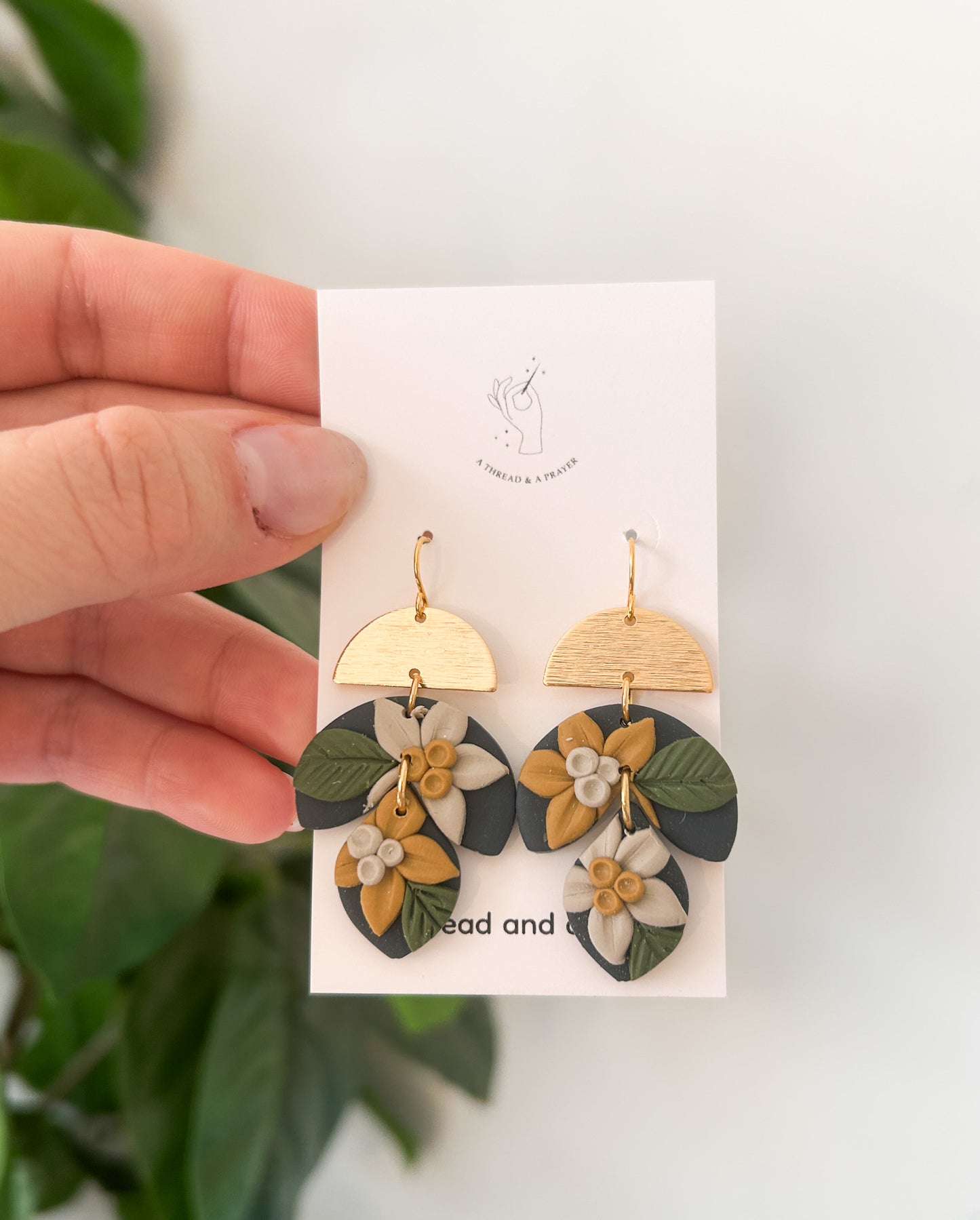 Navy Floral Clay Earrings | Mustard and Cream Flower Earrings