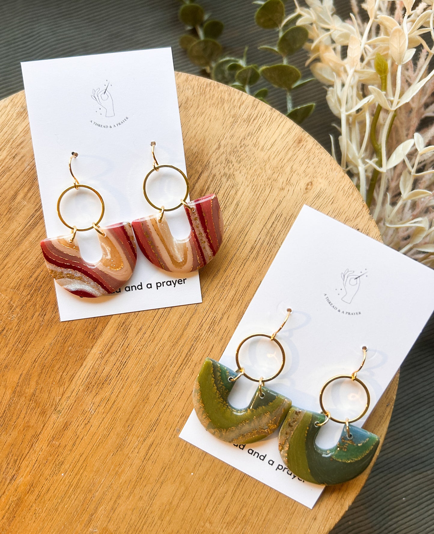 Green and Pink Gemstone Style Shiny Clay Earrings | Style 2