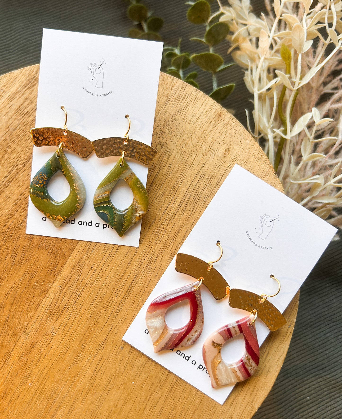 Green and Pink Gemstone Style Shiny Clay Earrings | Style 1