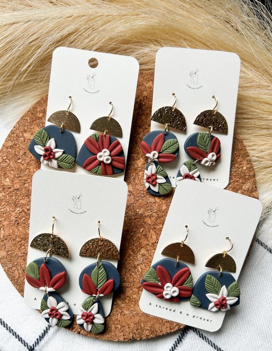 Floral Vibes Terra Cotta and Blue Clay Earrings | Spring Fashion | Spring Color | Long Floral Dangles | Lightweight |