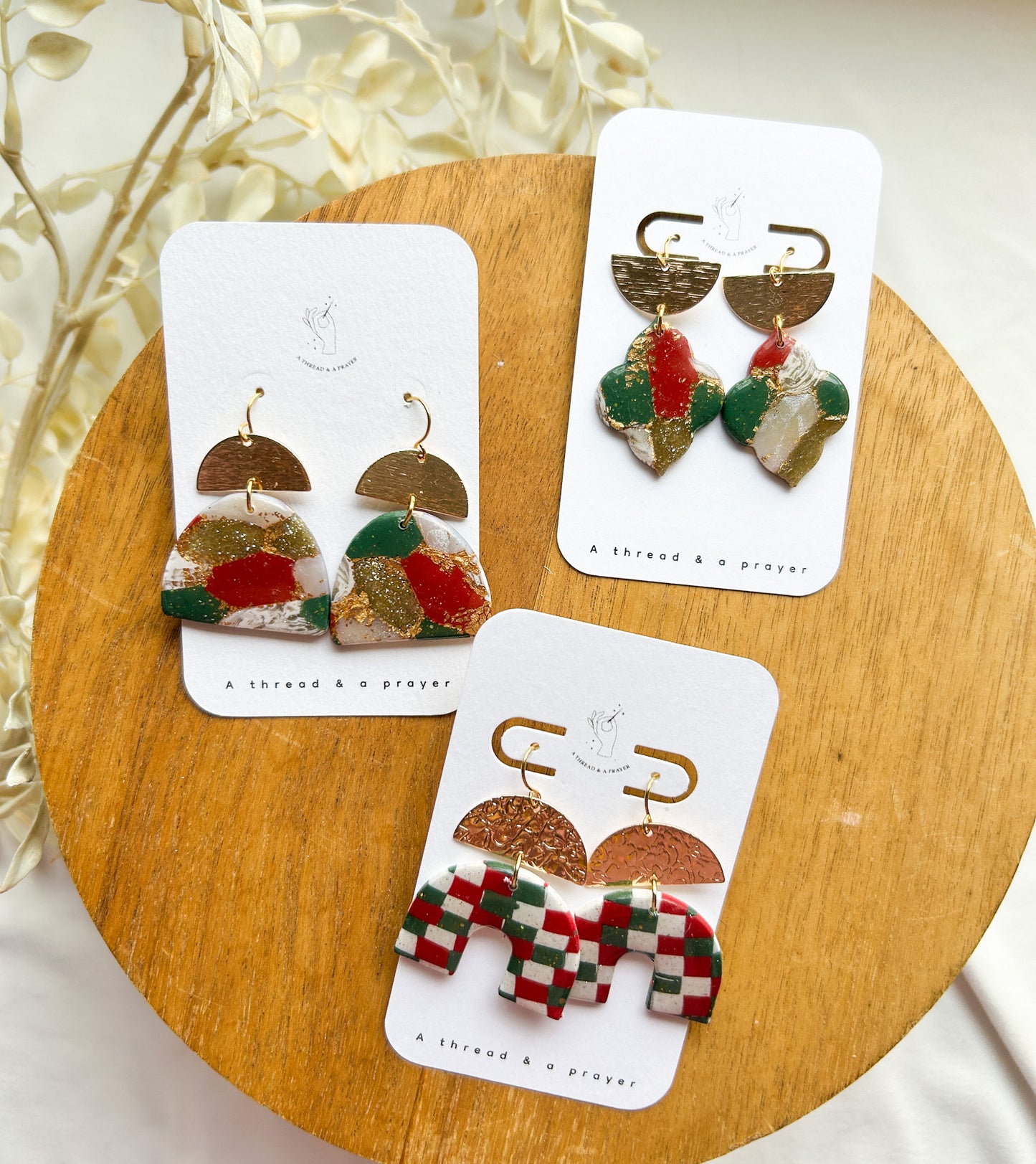Holiday Marble & Checkered Clay Earrings | Red, Green and Gold | Winter Styles | Christmas | Stocking Stuffer Ideas | Dangle Earrings | Lightweight