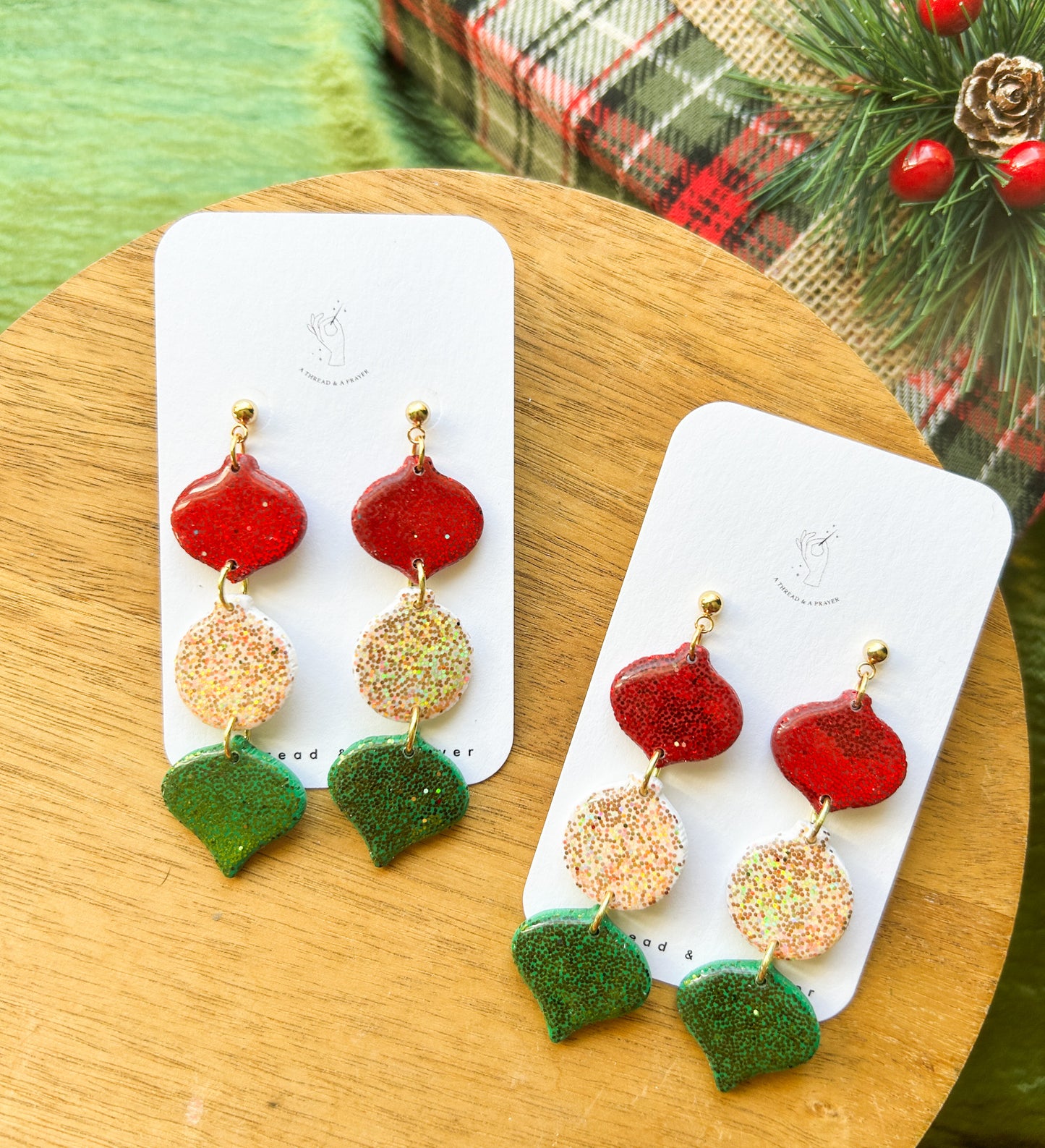 Shiny and Bright Ornament Dangle Earrings | Christmas Ornaments | Holiday Style | Red, Green and White | Christmas Colors | Celebrate the Holidays
