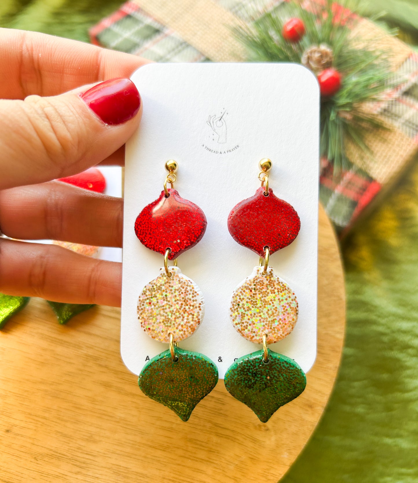 Shiny and Bright Ornament Dangle Earrings | Christmas Ornaments | Holiday Style | Red, Green and White | Christmas Colors | Celebrate the Holidays