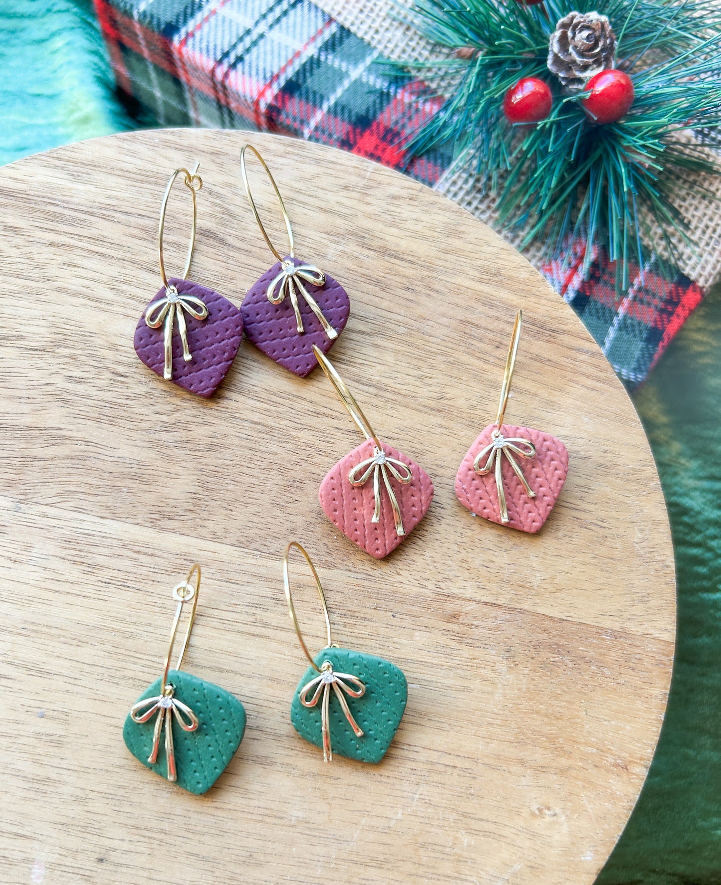 Holiday Bows Clay Earrings | Christmas Style | Holidays | Wine, Green and Pink | Christmas Gifts | Stocking Stuffers