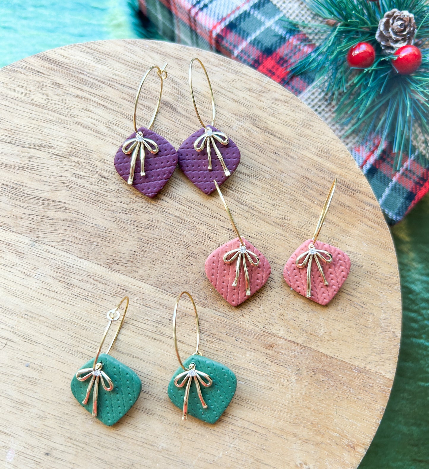 Holiday Bows Clay Earrings | Christmas Style | Holidays | Wine, Green and Pink | Christmas Gifts | Stocking Stuffers