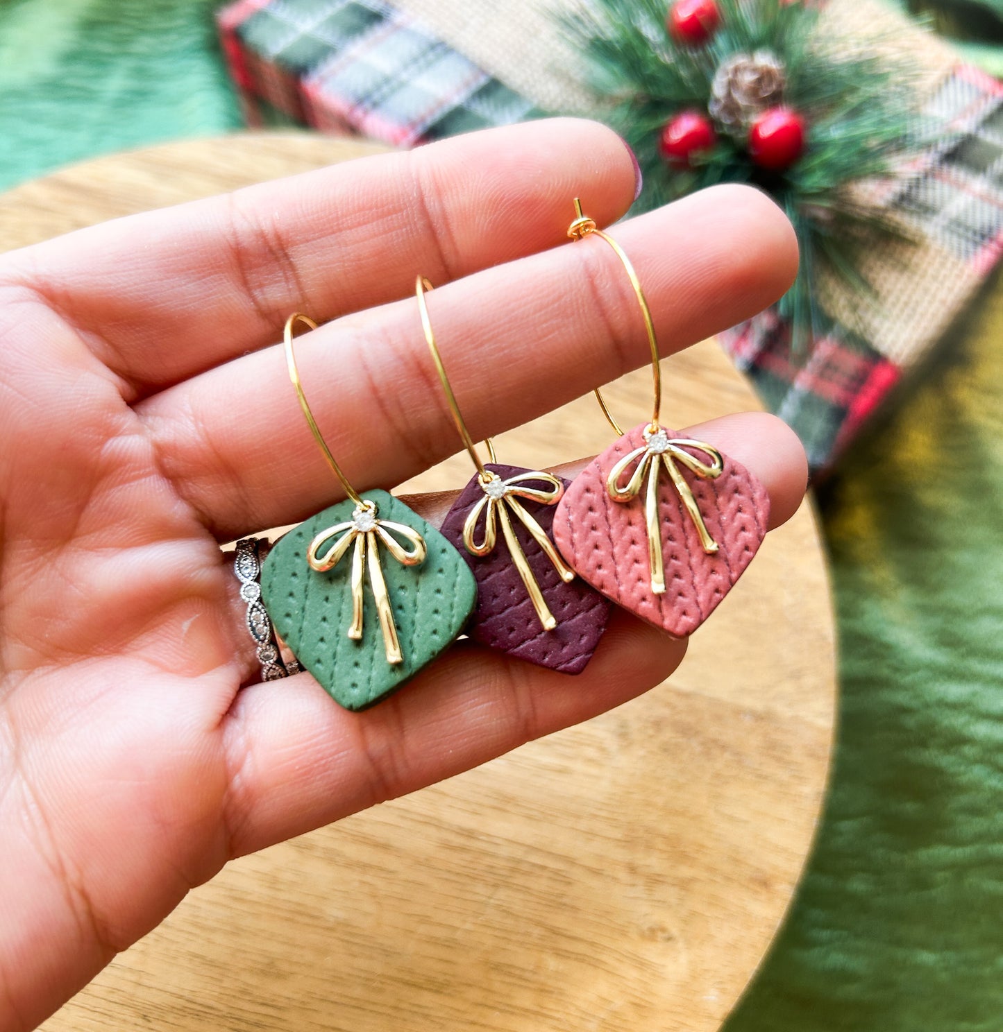 Holiday Bows Clay Earrings | Christmas Style | Holidays | Wine, Green and Pink | Christmas Gifts | Stocking Stuffers