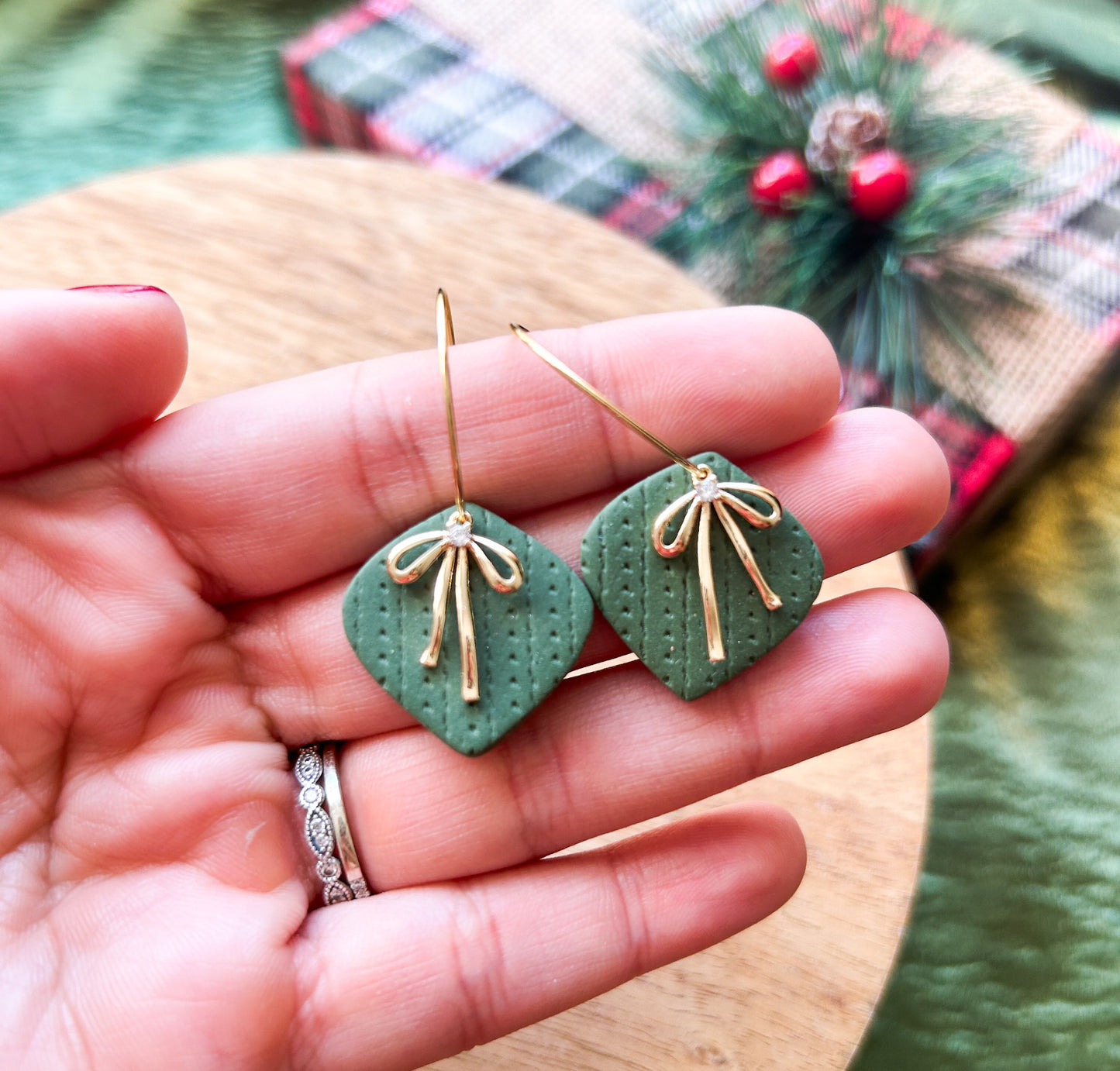 Holiday Bows Clay Earrings | Christmas Style | Holidays | Wine, Green and Pink | Christmas Gifts | Stocking Stuffers