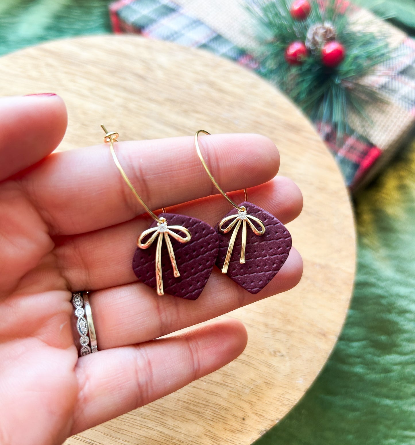 Holiday Bows Clay Earrings | Christmas Style | Holidays | Wine, Green and Pink | Christmas Gifts | Stocking Stuffers