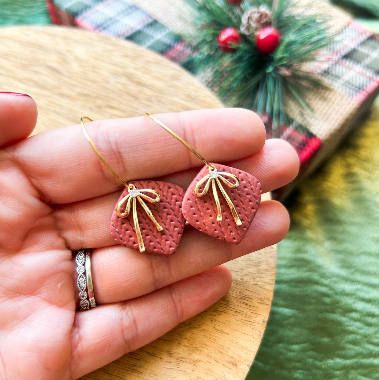 Holiday Bows Clay Earrings | Christmas Style | Holidays | Wine, Green and Pink | Christmas Gifts | Stocking Stuffers