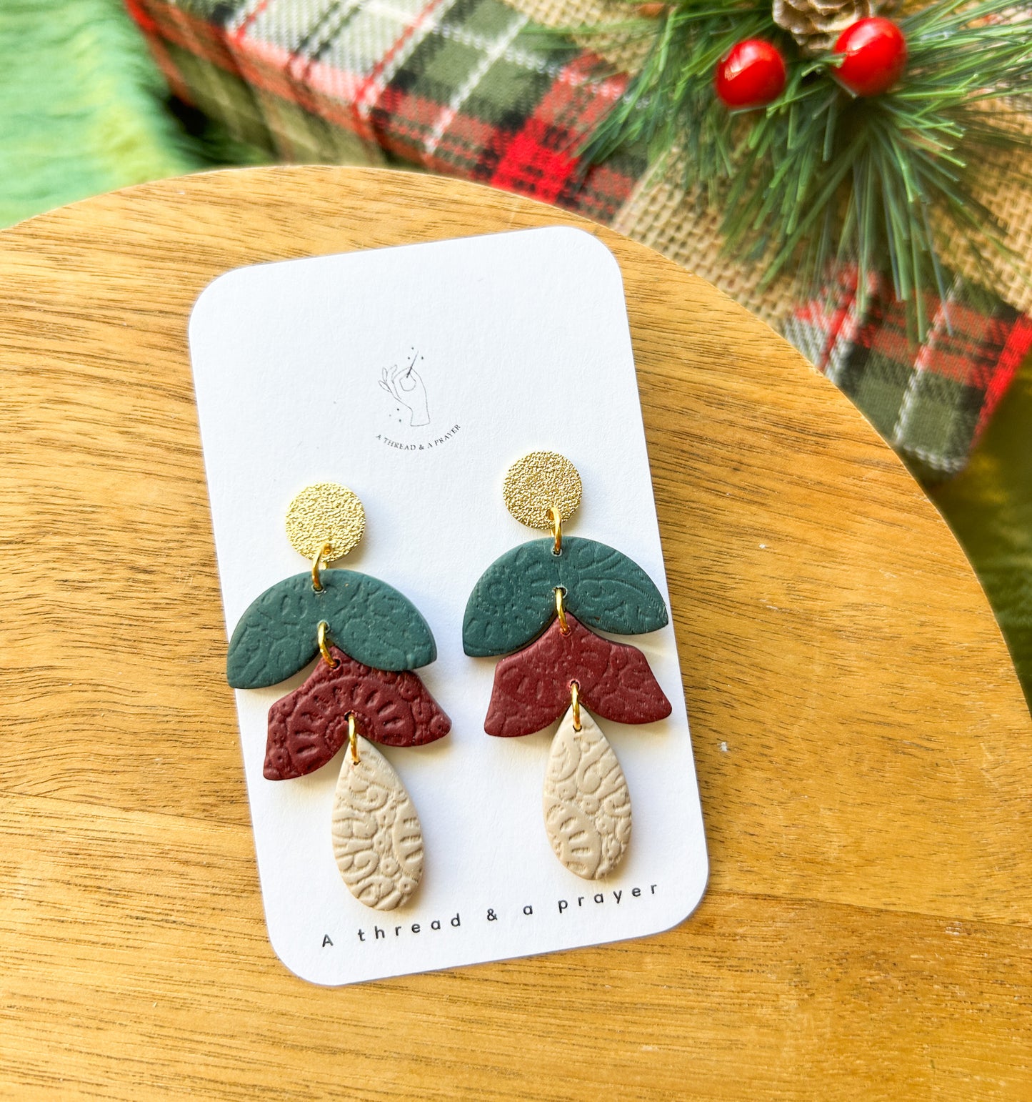 Christmas is Coming Holiday Clay Earrings | Green and Burgundy | Holiday Style | Gold | Christmas Colors | Celebrate the Holidays