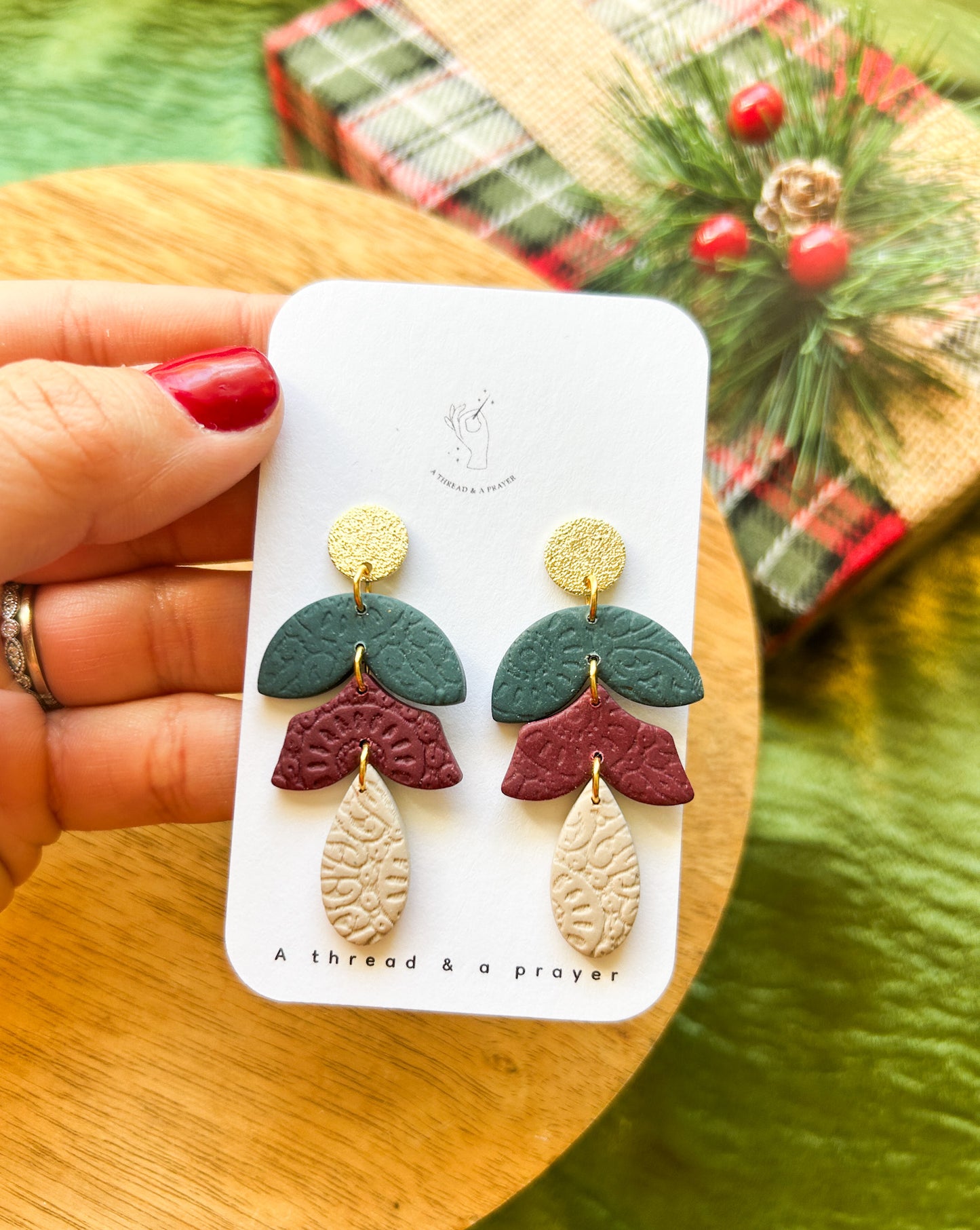 Christmas is Coming Holiday Clay Earrings | Green and Burgundy | Holiday Style | Gold | Christmas Colors | Celebrate the Holidays