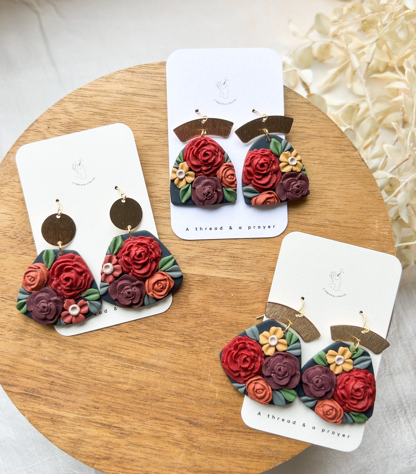 Dark and Moody Floral Design Clay Earrings | Abstract Earrings | Winter Jewelry | Handmade Earrings | Jewel Tones