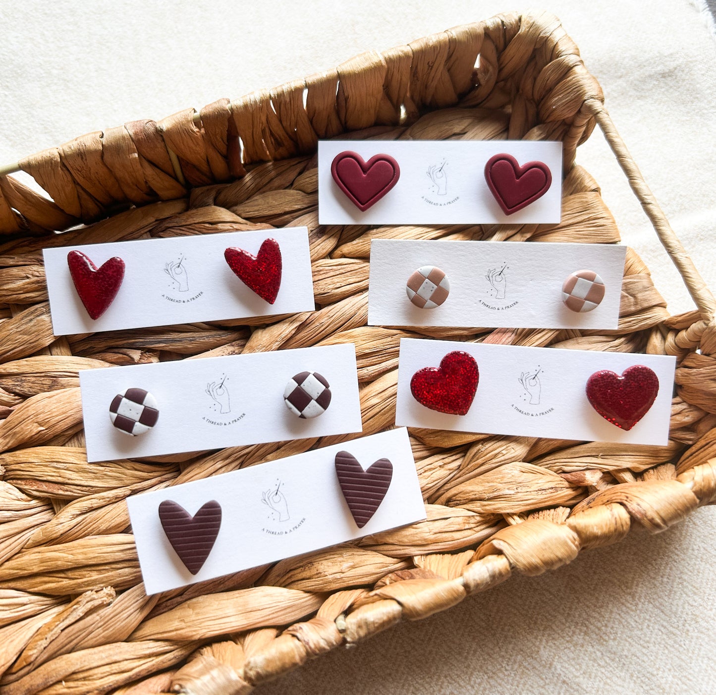 Heart Stud Earrings | Checkered Studs | Valentine's Day | Stud Earrings | Titanium | Hypoallergenic | Winter Color Earrings | Glitter | Lightweight