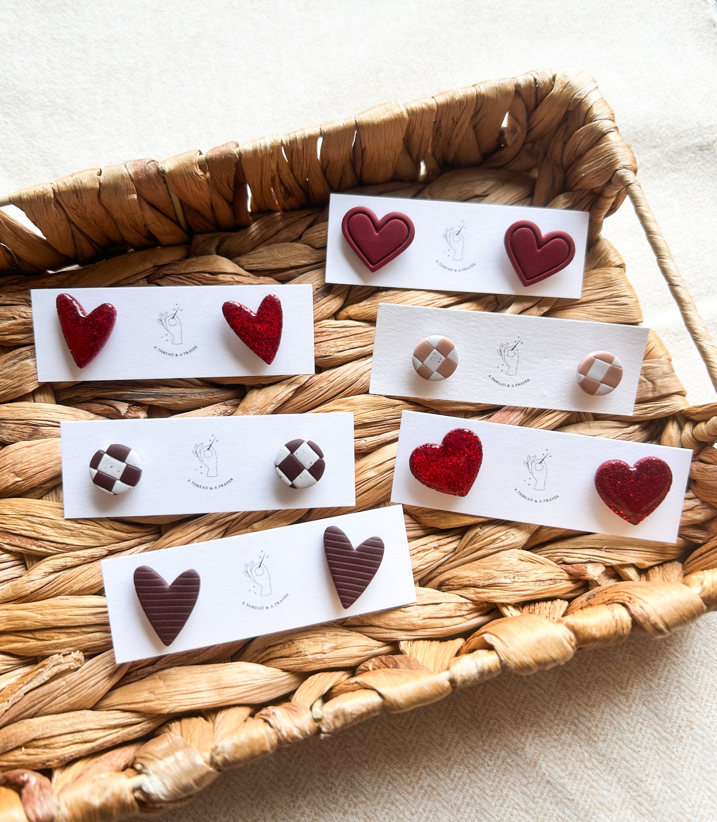 Heart Stud Earrings | Checkered Studs | Valentine's Day | Stud Earrings | Titanium | Hypoallergenic | Winter Color Earrings | Glitter | Lightweight