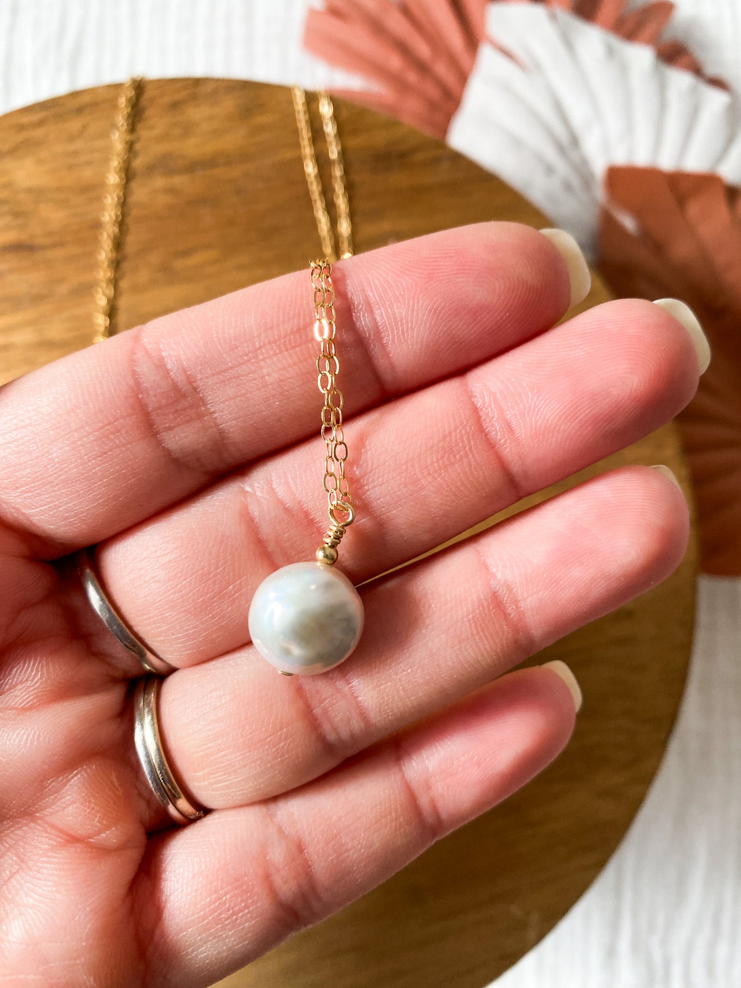 Chunky Coin Pearl Drop Necklace | Freshwater Pearls | Gold Fill Necklace | 18 inch Chain