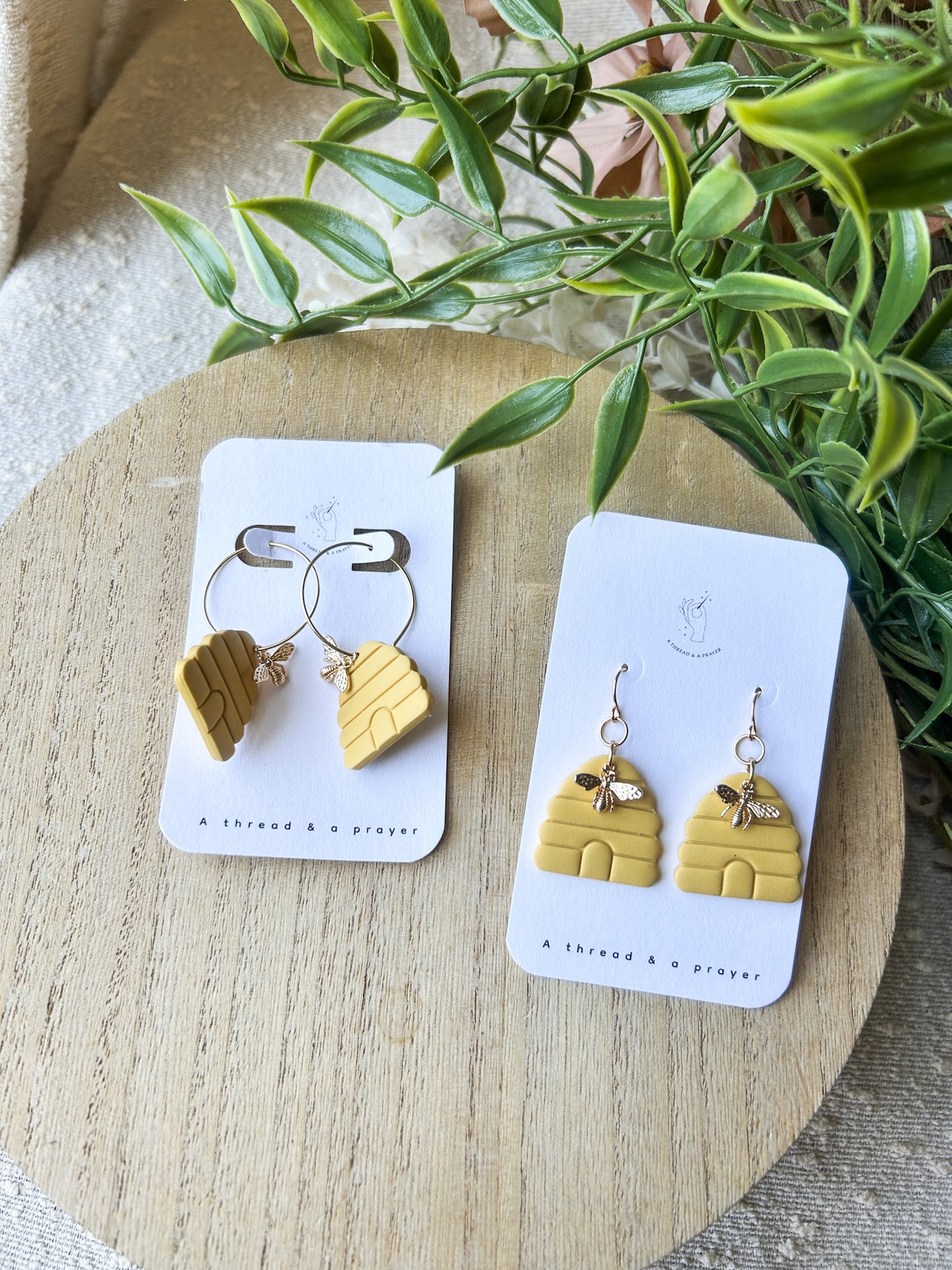 Bee Hive Dangle Earrings | Polymer Clay | Gold Accents | Summer Style | Lightweight | Save the Bees