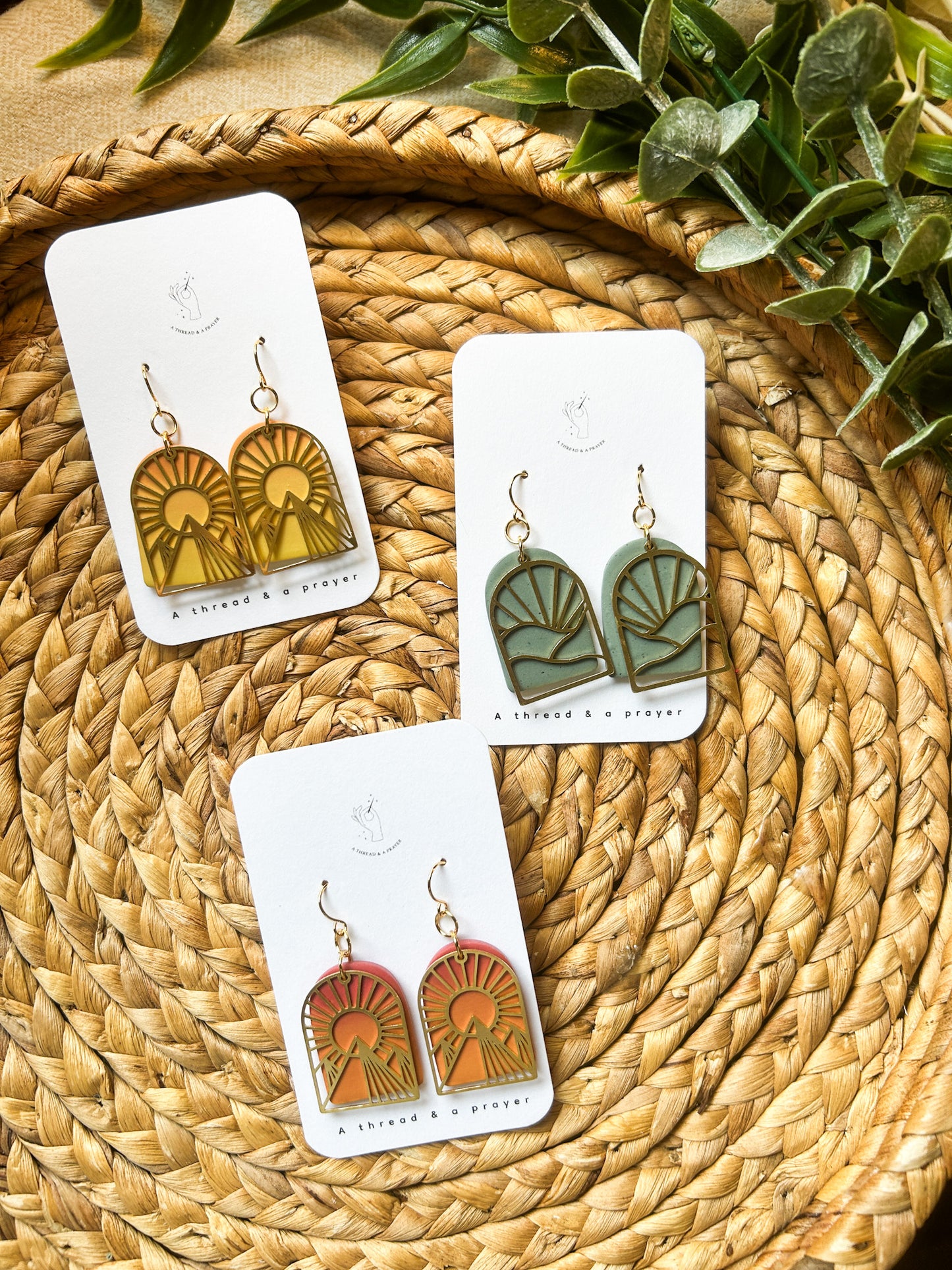 Head for the Mountains Clay Earrings | Brass Overlay | Nature Scene | Hiking Earrings | Forest Vibes