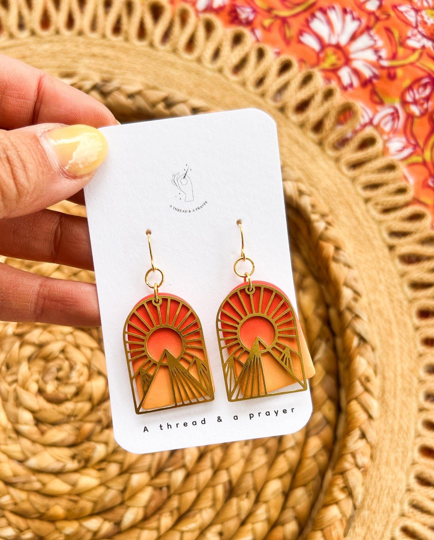 Sunrise, Sunset Mountain Clay Earrings | Brass Overlay | Nature Scene | Hiking Earrings | Forest Vibes