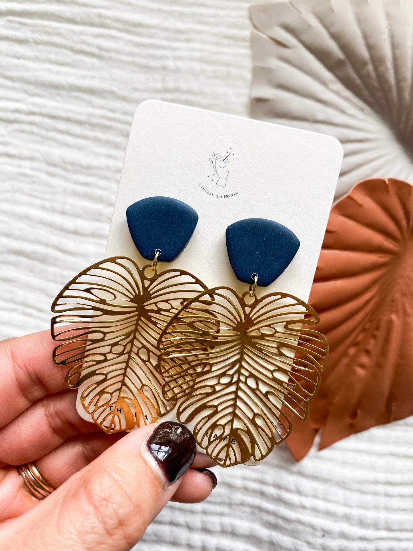 Monstera Plant Style Brass Dangle Clay Earrings