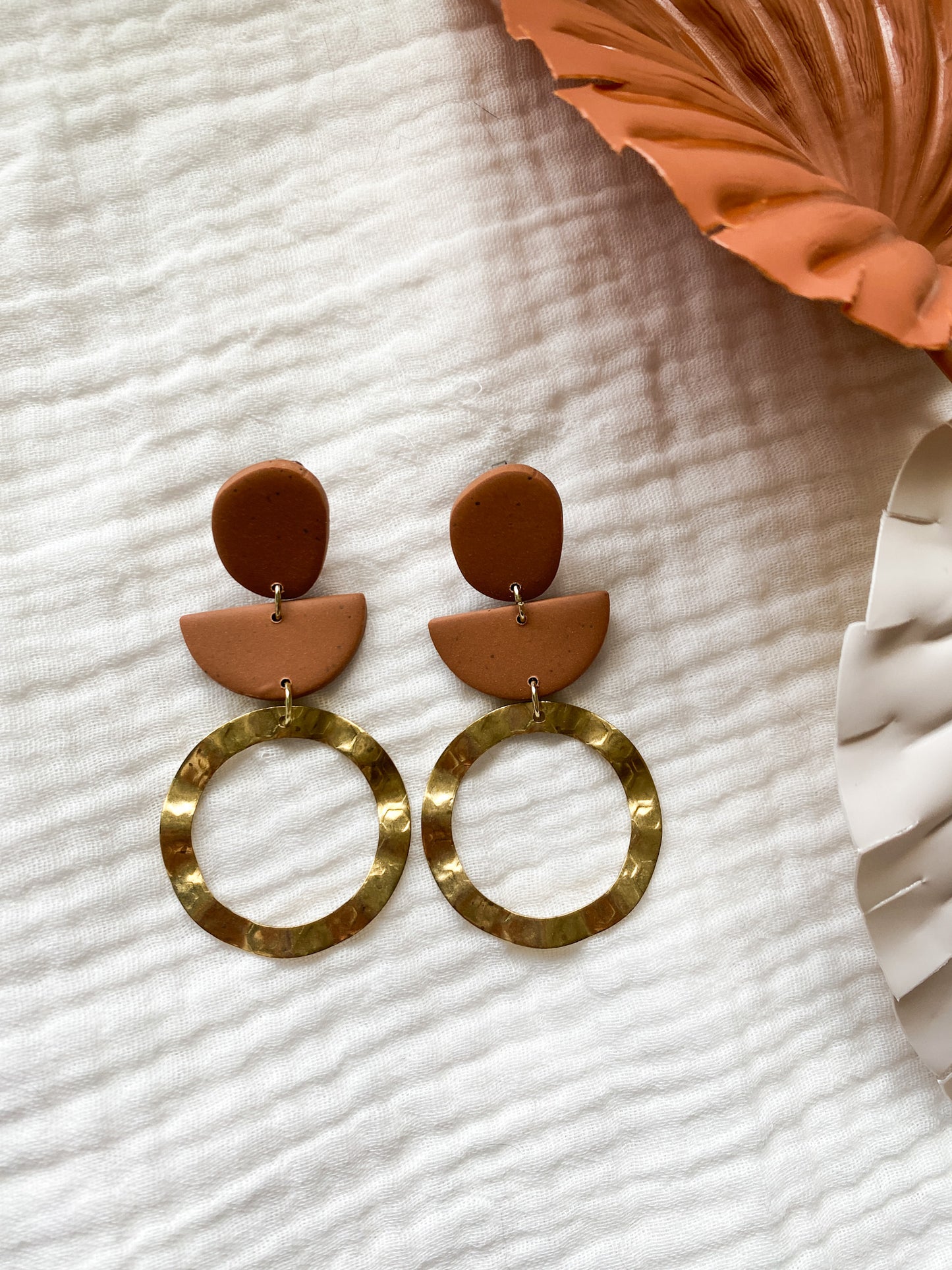 Speckled Brown Neutral Statement Polymer Clay Earrings | Brass Wavy Circles
