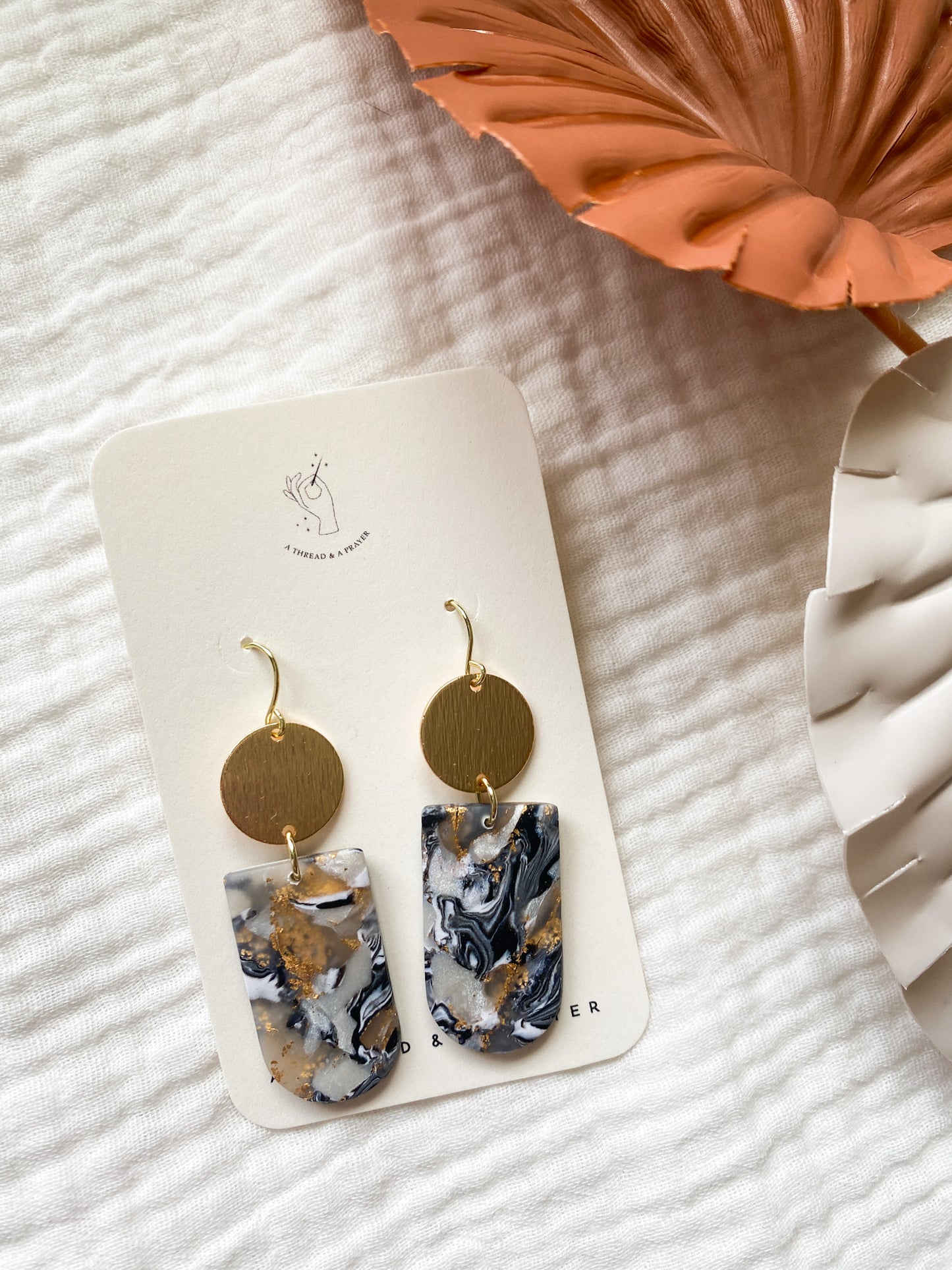 Black and Gold Marbled Earrings | Polymer Clay and Metal Accent | Lightweight Earrings