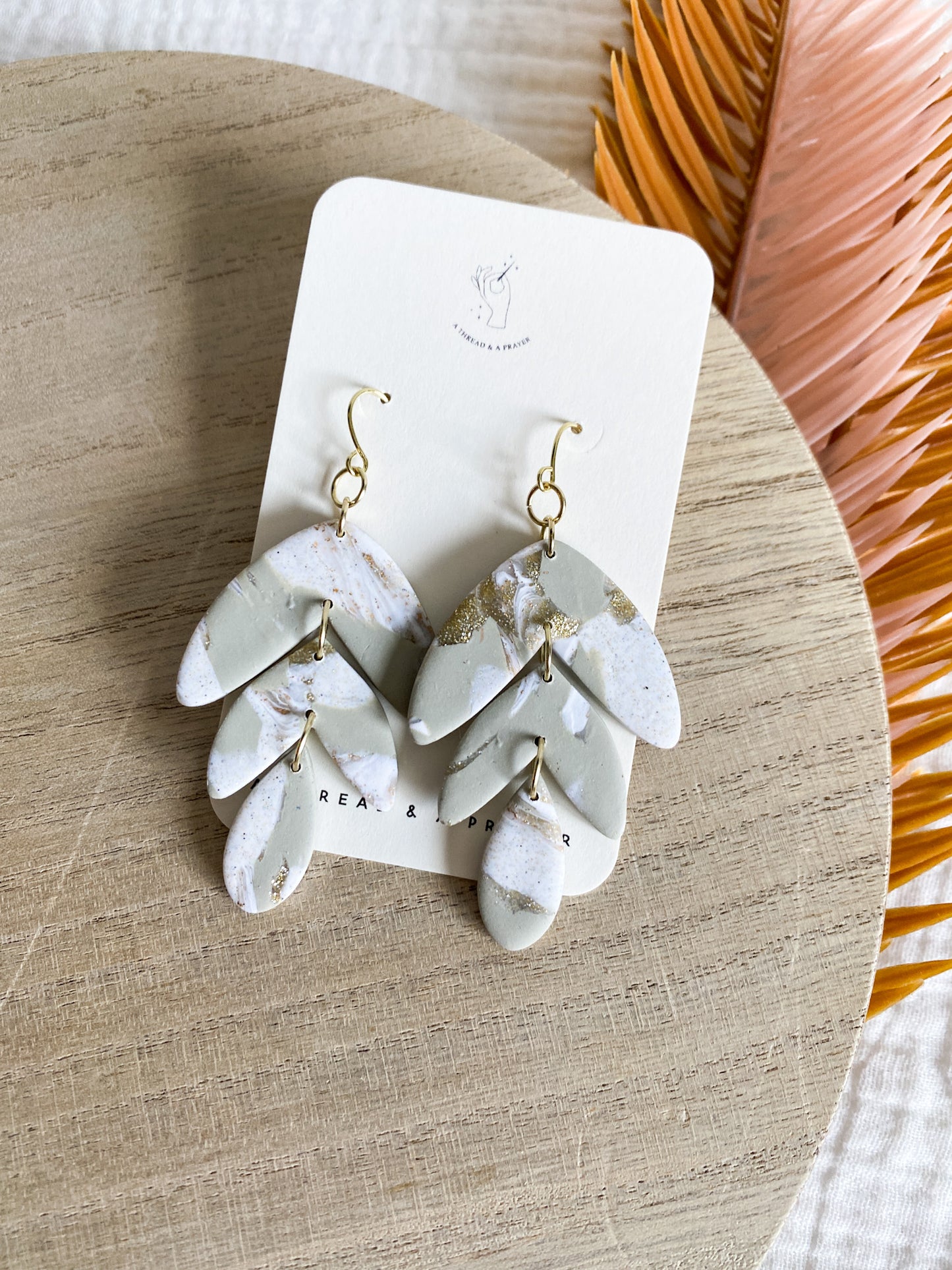 Three Tier Sage Green Marble Earrings | Polymer Clay | Gold Accents | Romantic Style| Lightweight