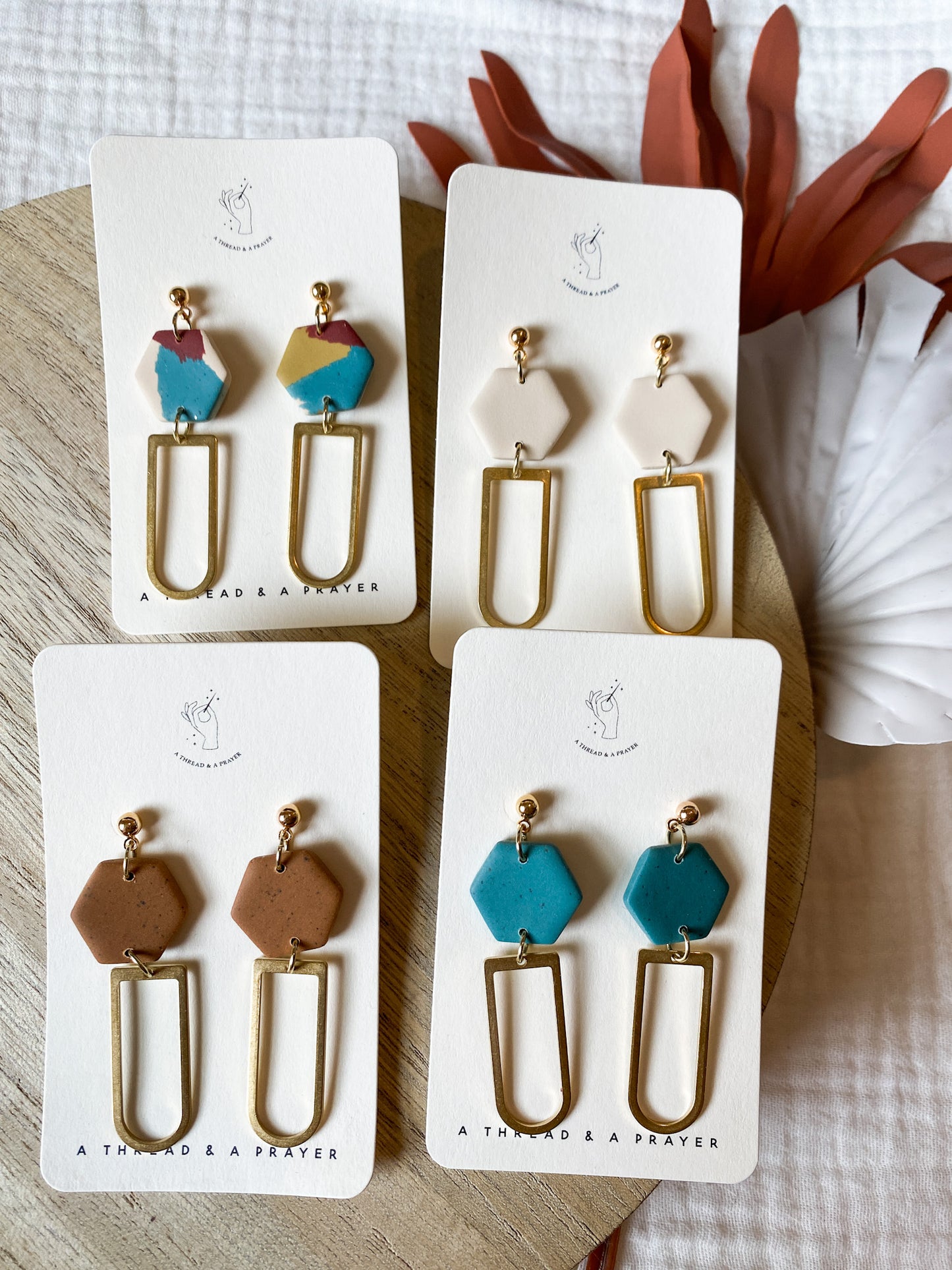 Stylish Boho Brass Accent Dangle Clay Earrings