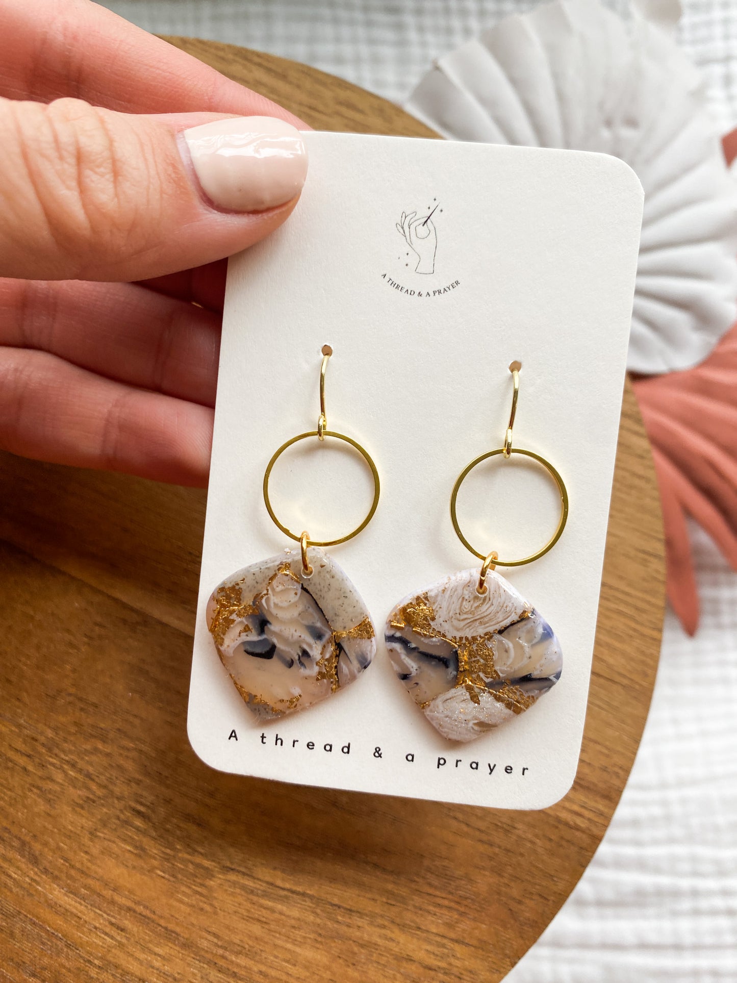 Dainty Marbled Neutral Style Abstract Black, Ivory and Gold Leaf Clay Earrings | Everyday Wear | Lightweight