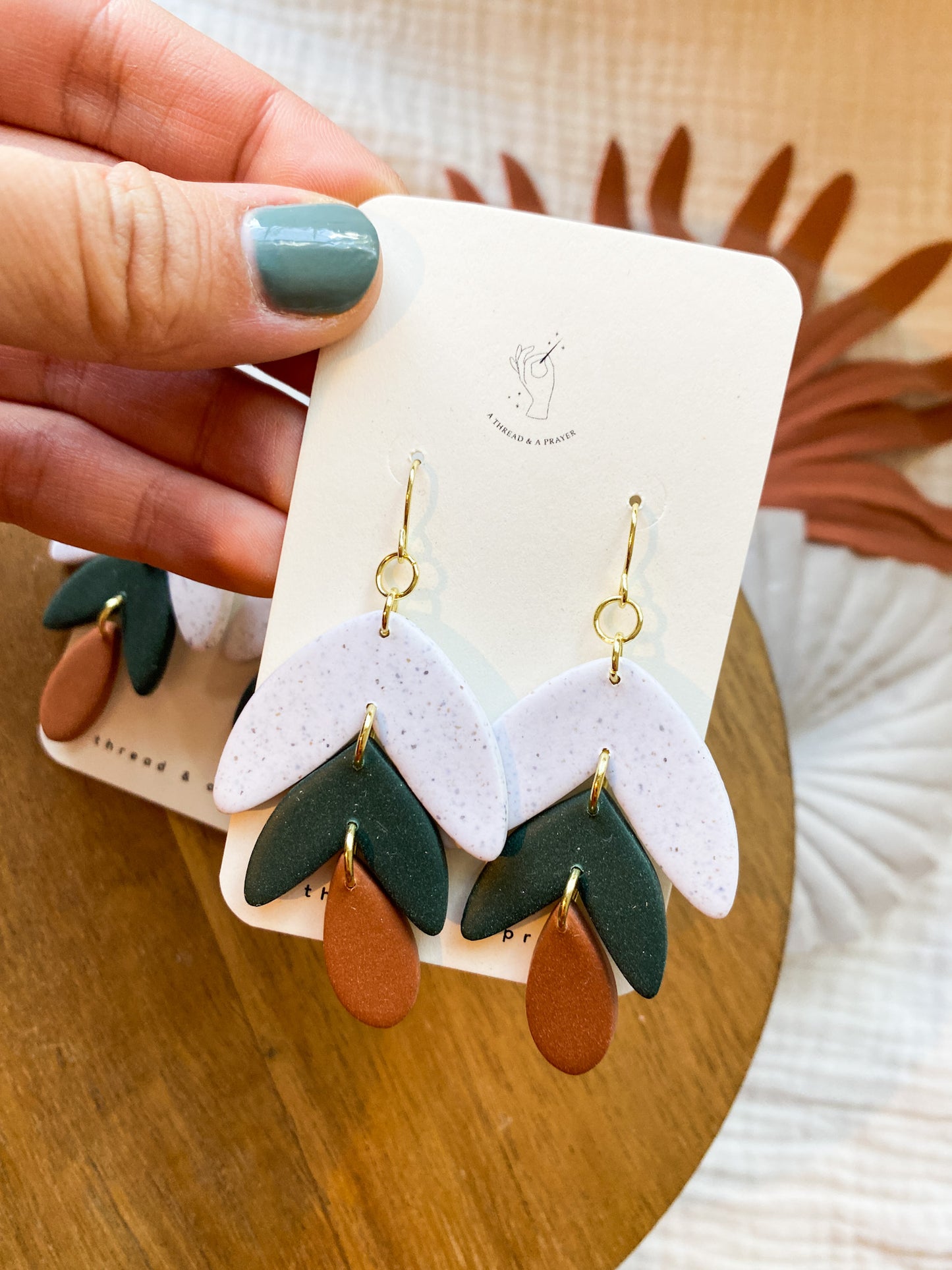 Trendy Holiday Color Tiered Dangles | Clay Earrings | Green | Speckled White | Polymer Clay | Lightweight
