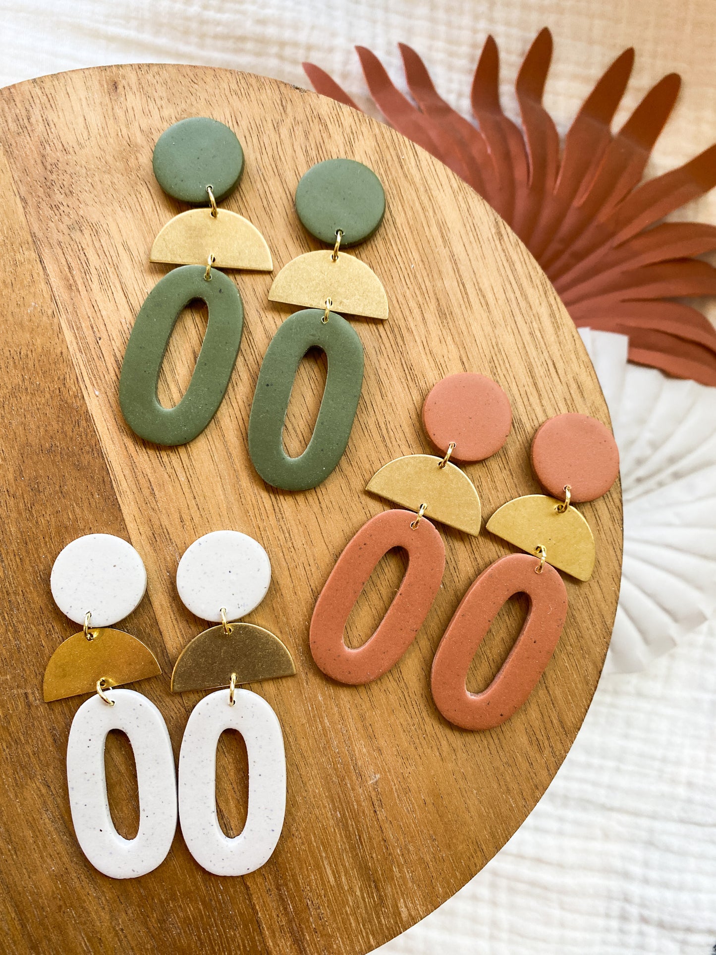 Autumn Brass and Clay Boho Statement Earrings | Fall Earrings | Olive Green, Speckled White, Terra Cotta | Lightweight