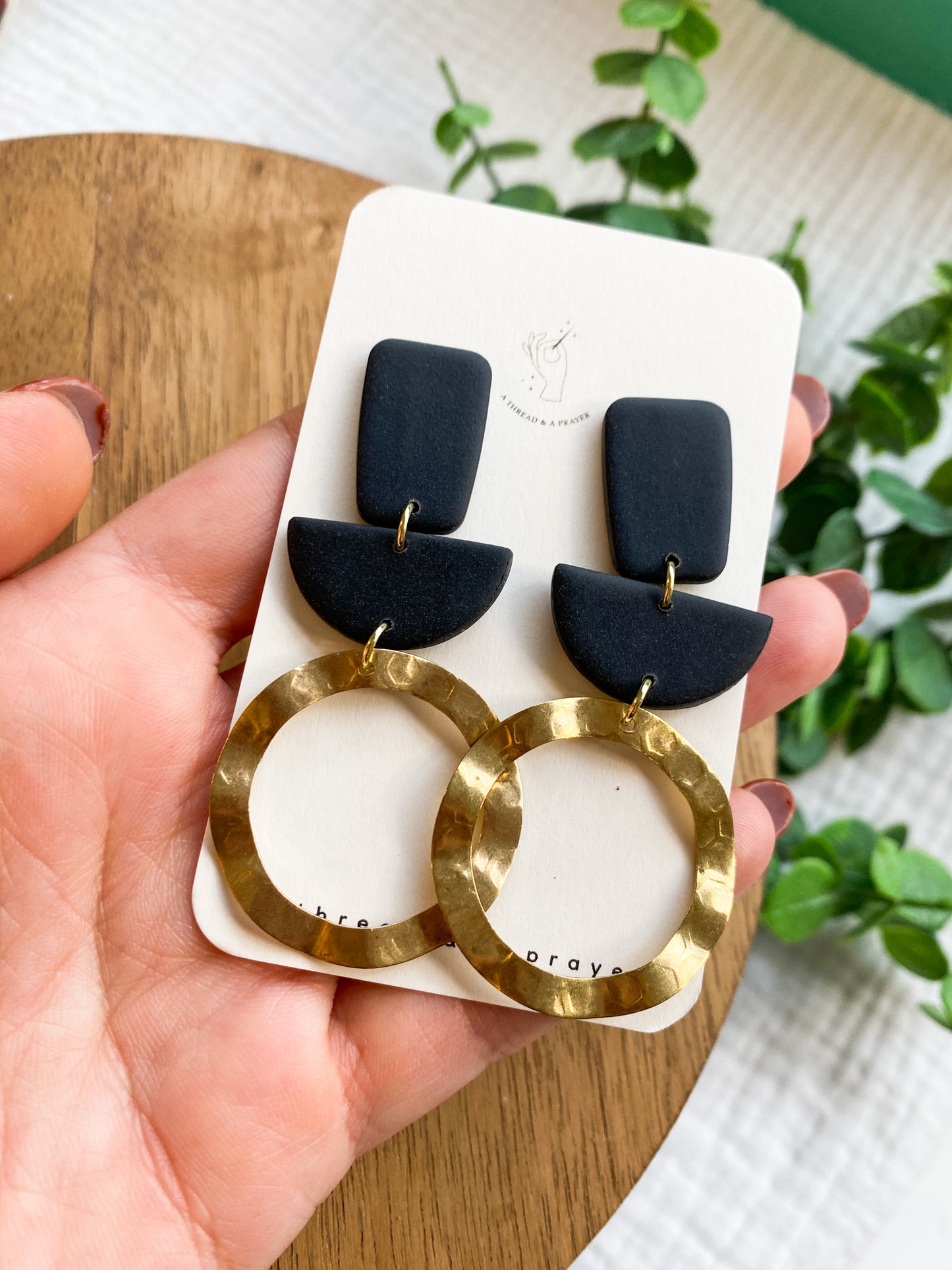 Abstract Style Matte Black Polymer Clay Earrings | Brass Wavy Circles | Everyday Wear | Statement Earrings