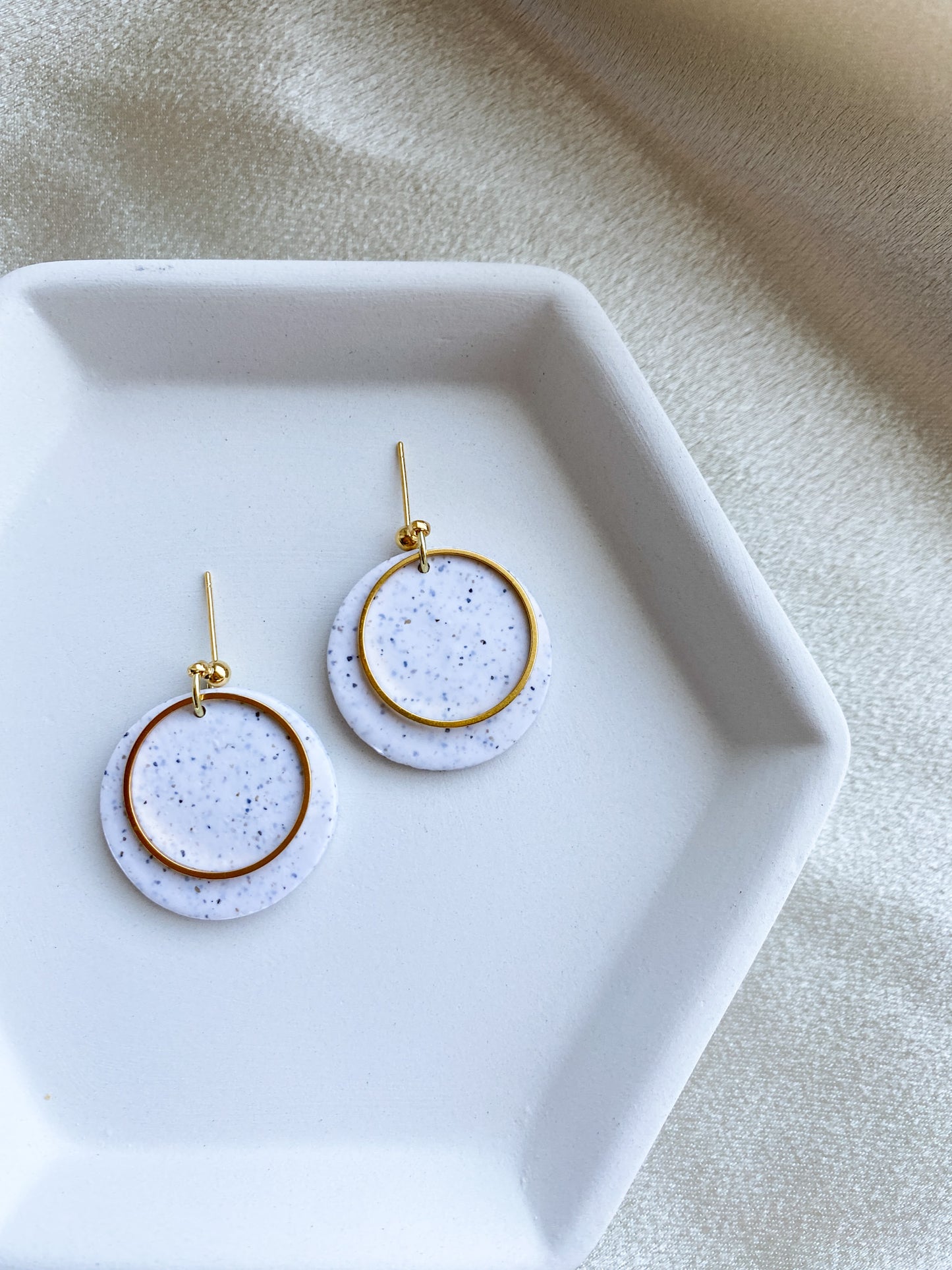 Gold and Speckled White Stud Earrings | Polymer Clay | Metal Circles | 18kt Gold Plated stainless steel Studs | Fancy Earrings | Everyday Wear