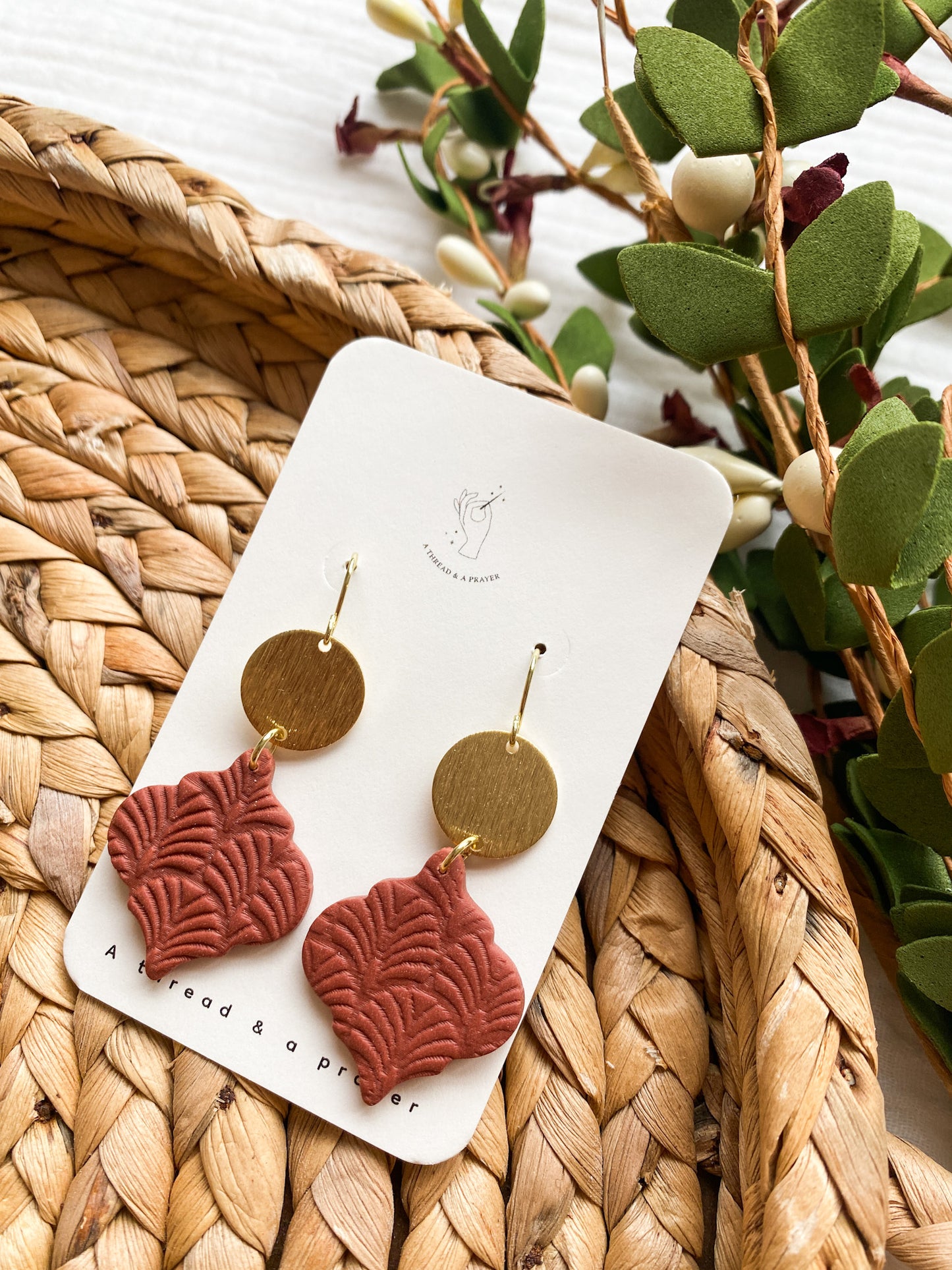 Dainty Textured Terra Cotta and Brass Earrings | Winter Earrings | Dangle Earrings | Lightweight