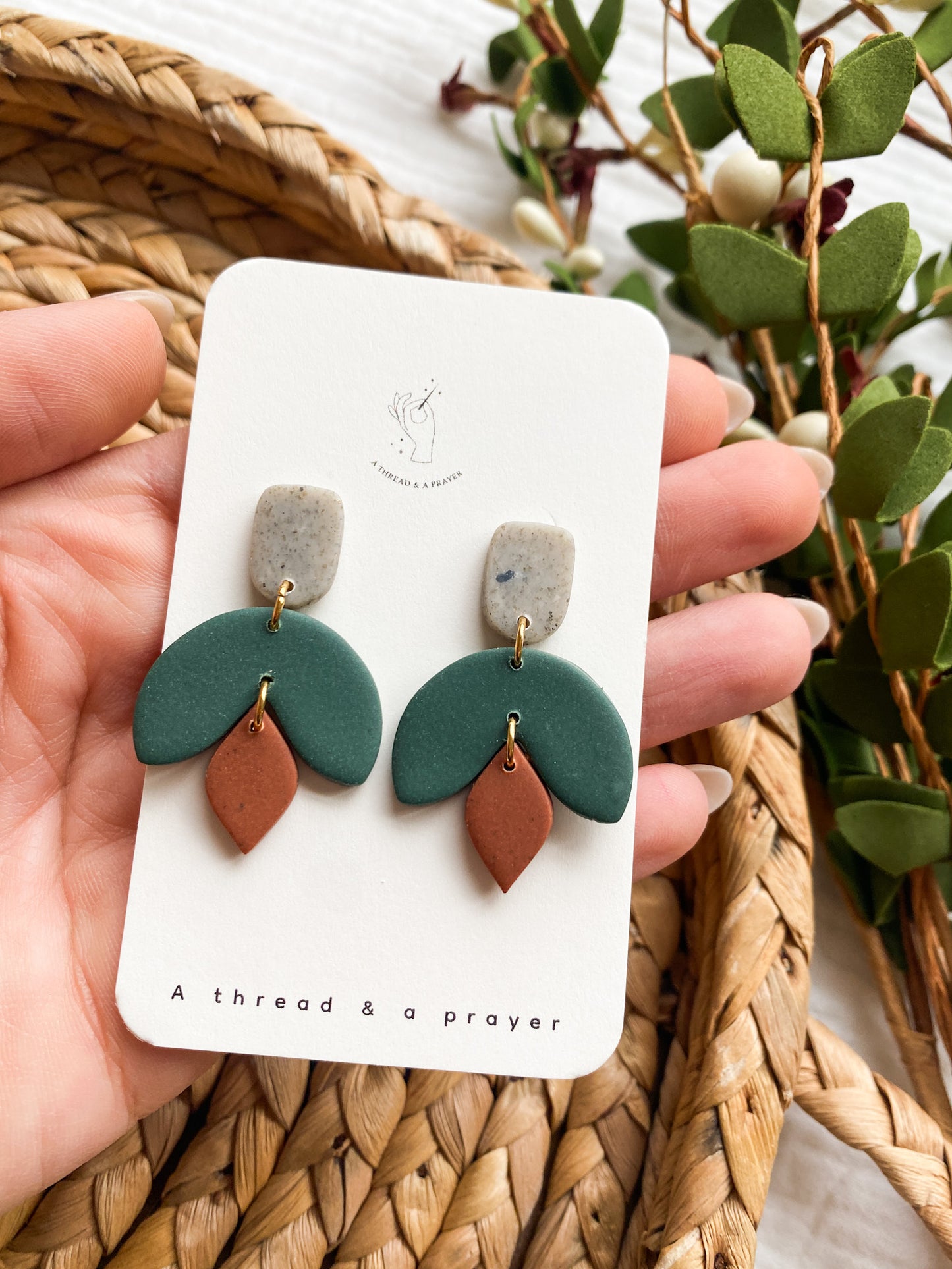 Dainty Forest Green and Gray Clay Dangles | Dainty Earrings | Small Clay Earrings
