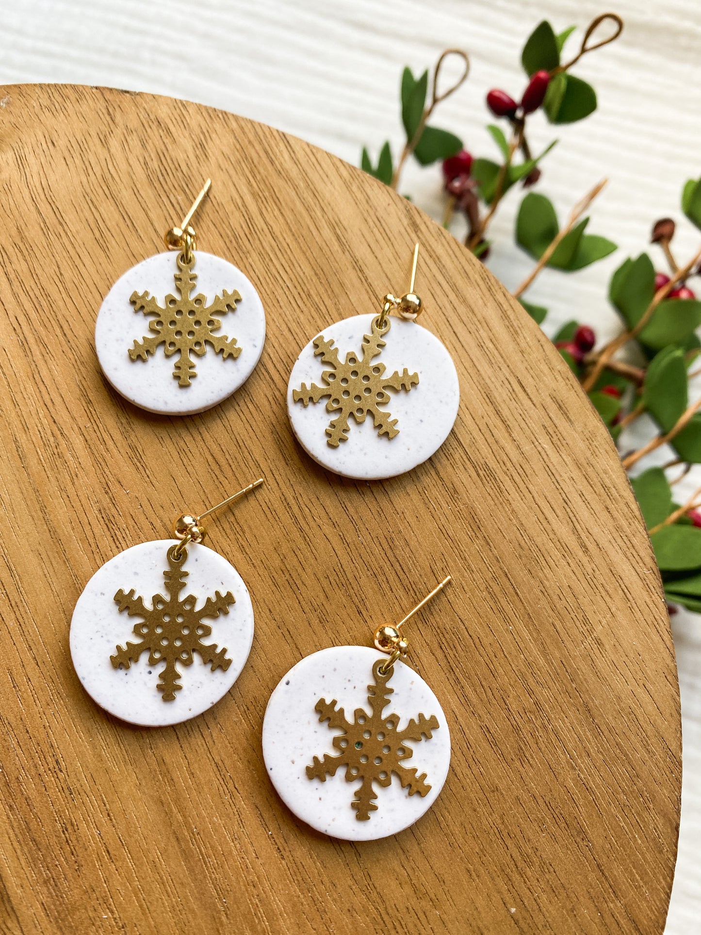 Brass Snowflake Dainty Dangle Earrings | Winter Style | Holiday Earrings | Speckled Clay Earrings | Clay Earrings | Lightweight