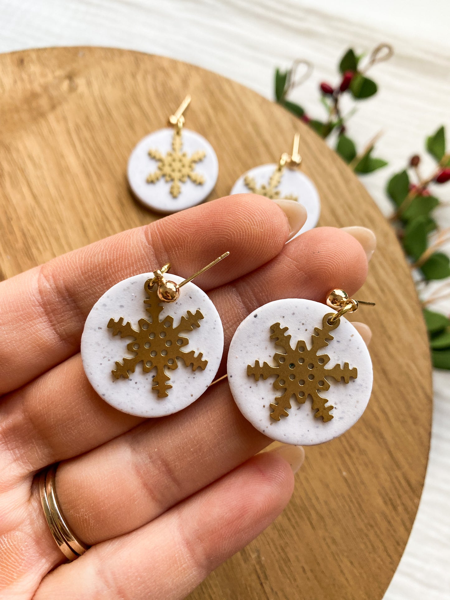 Brass Snowflake Dainty Dangle Earrings | Winter Style | Holiday Earrings | Speckled Clay Earrings | Clay Earrings | Lightweight