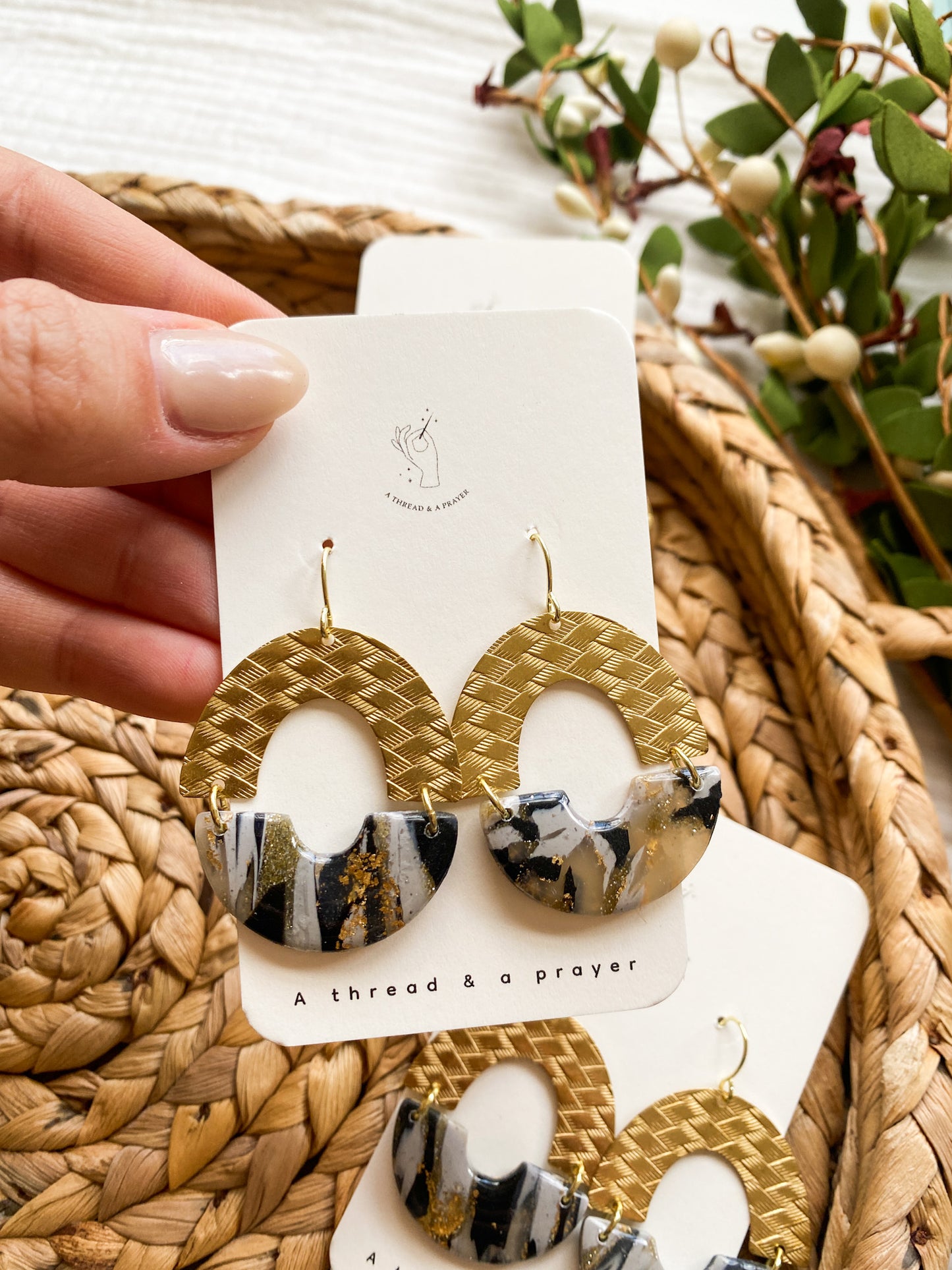 Brass Accent Marble Polymer Clay Earrings | Dainty Marble Style | Black, Cream, Gold and Gold Foil | Everyday Wear | Lightweight
