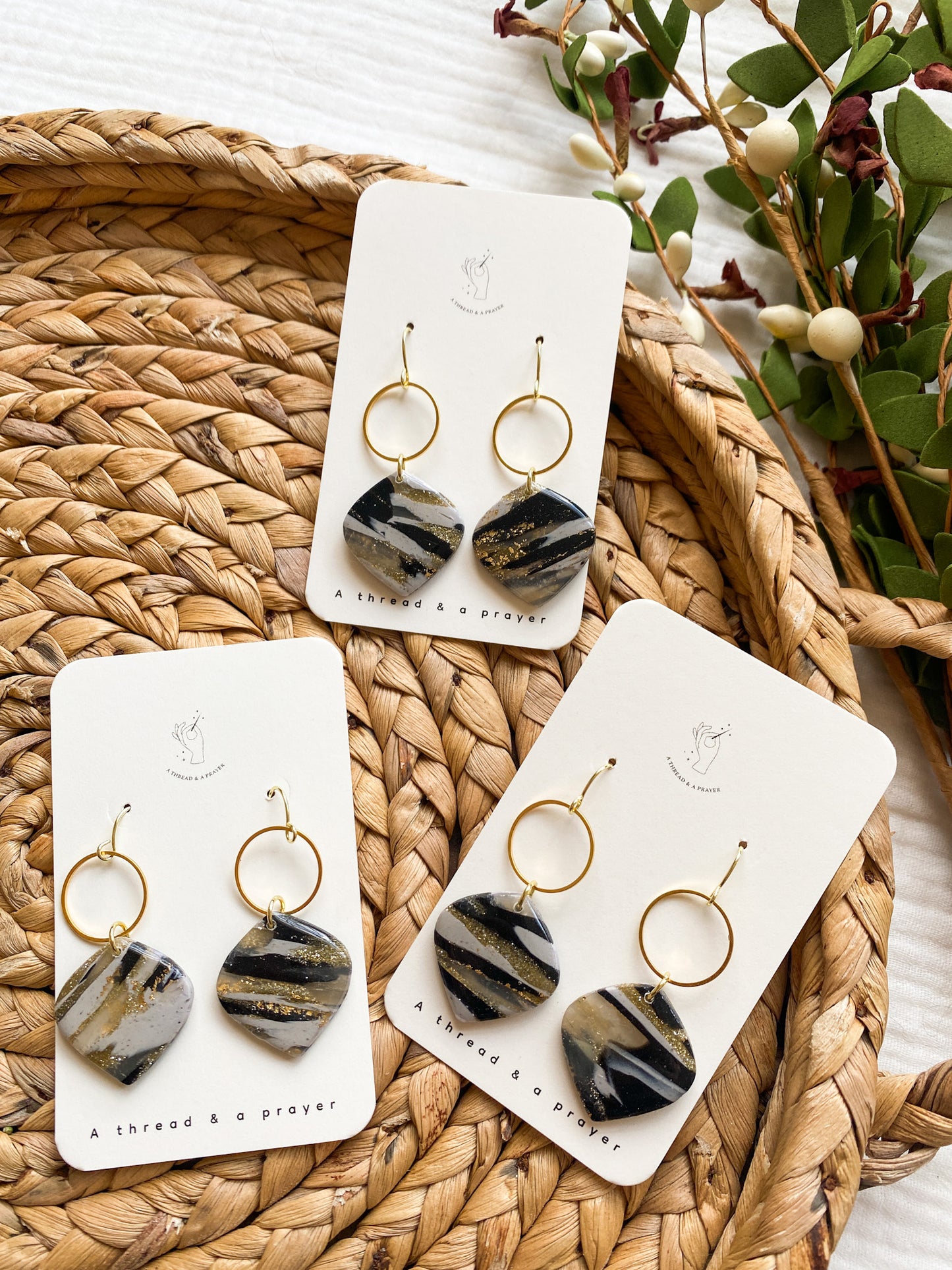 Neutral Marbled Polymer Clay Earrings | Dainty Marble Style | Black, Cream, Gold and Gold Foil | Everyday Wear | Lightweight
