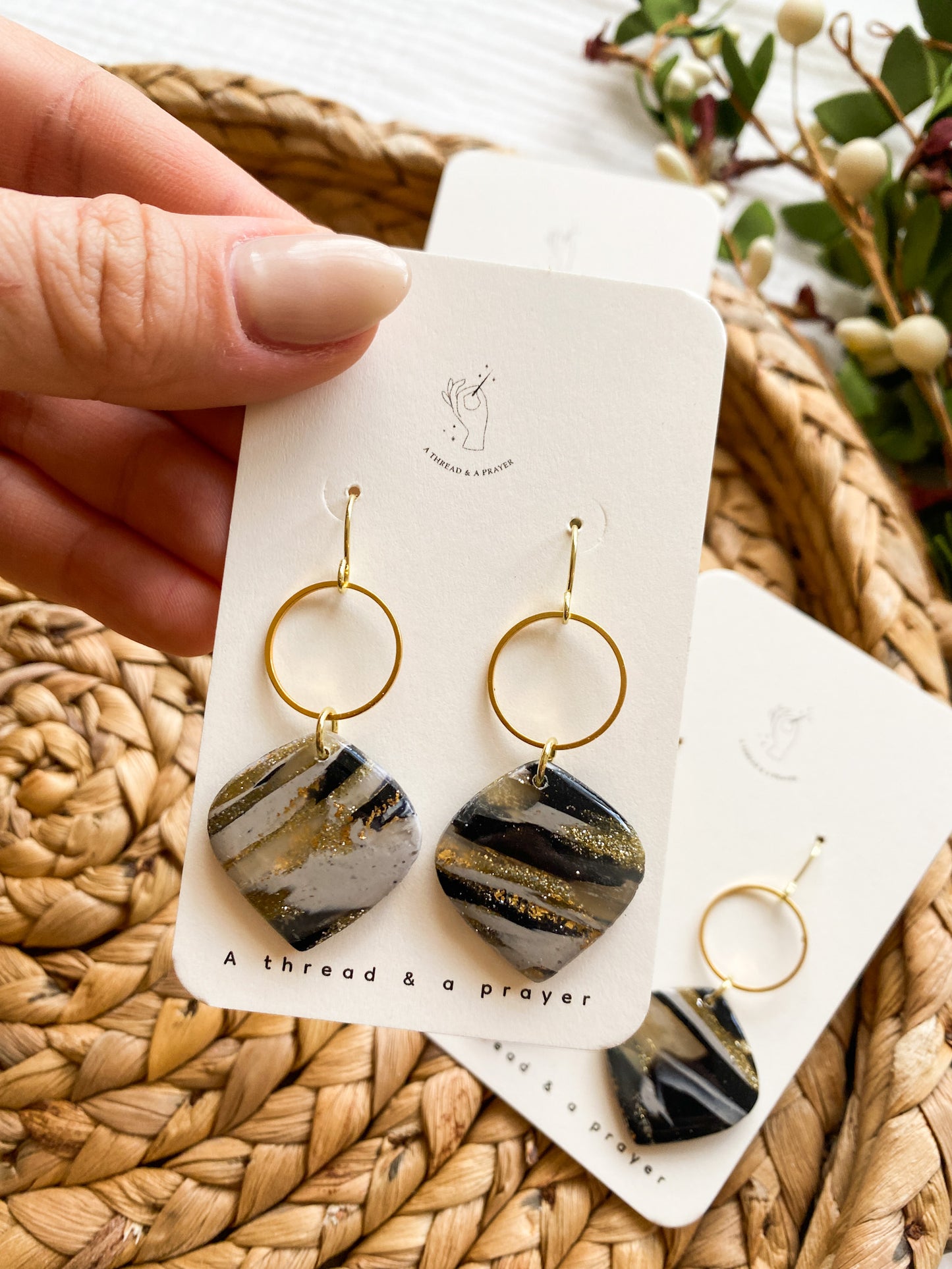 Neutral Marbled Polymer Clay Earrings | Dainty Marble Style | Black, Cream, Gold and Gold Foil | Everyday Wear | Lightweight