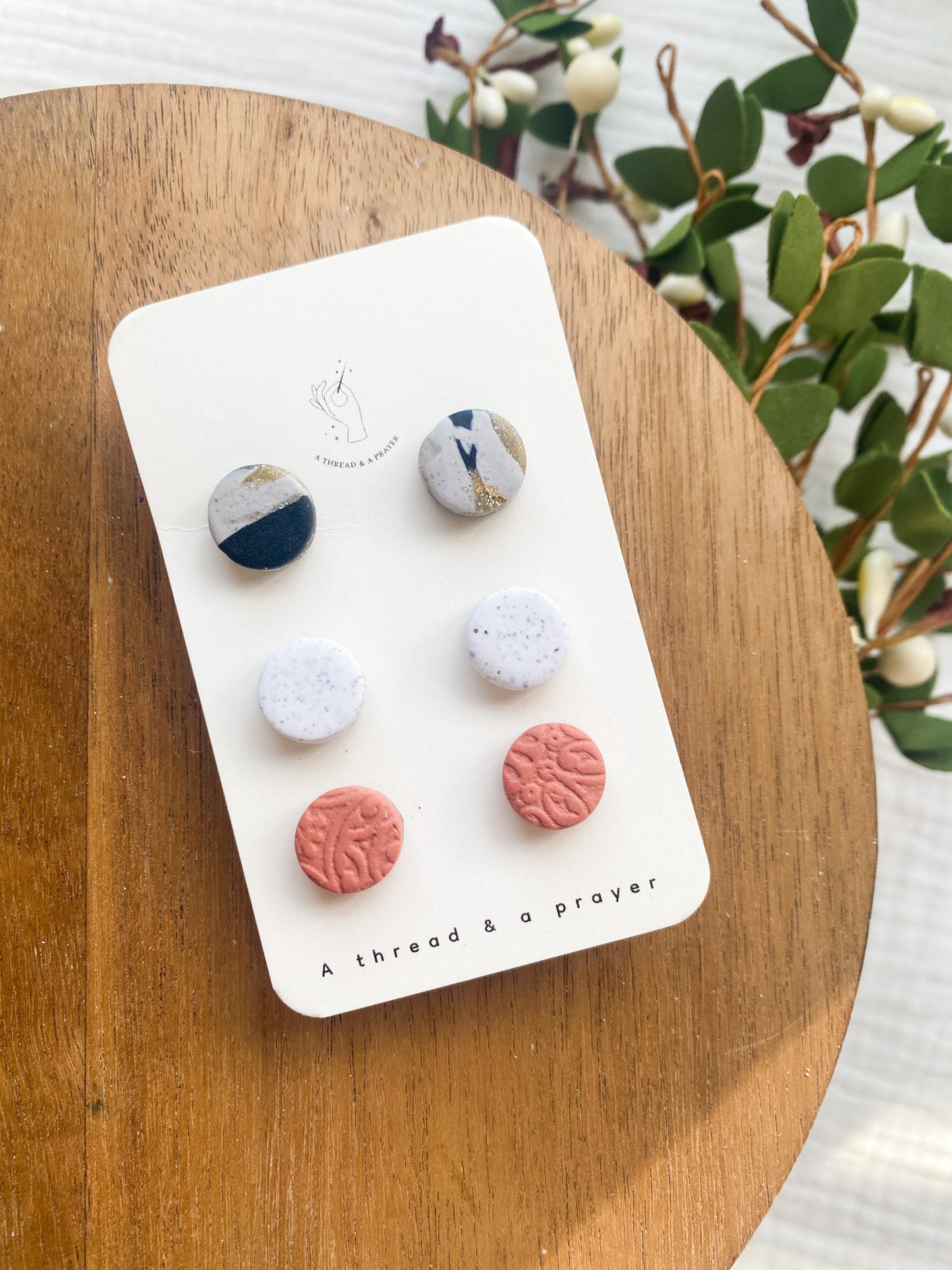 Winter Stud Pack | Marble, Textured Peach Pink and Speckled White | Dainty Studs