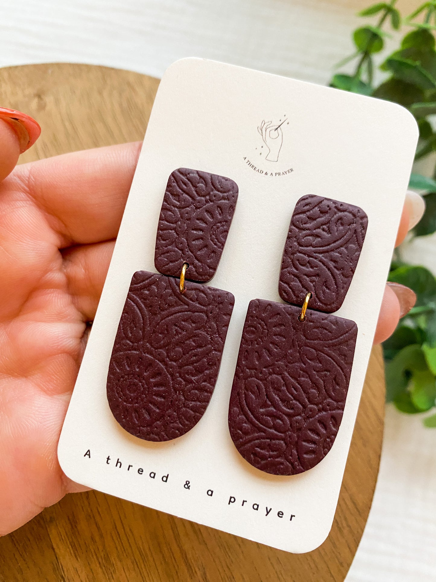 Deep Wine Colored Textured Dangle Clay Earrings | Lightweight Earrings | Stylish Autumn Earrings