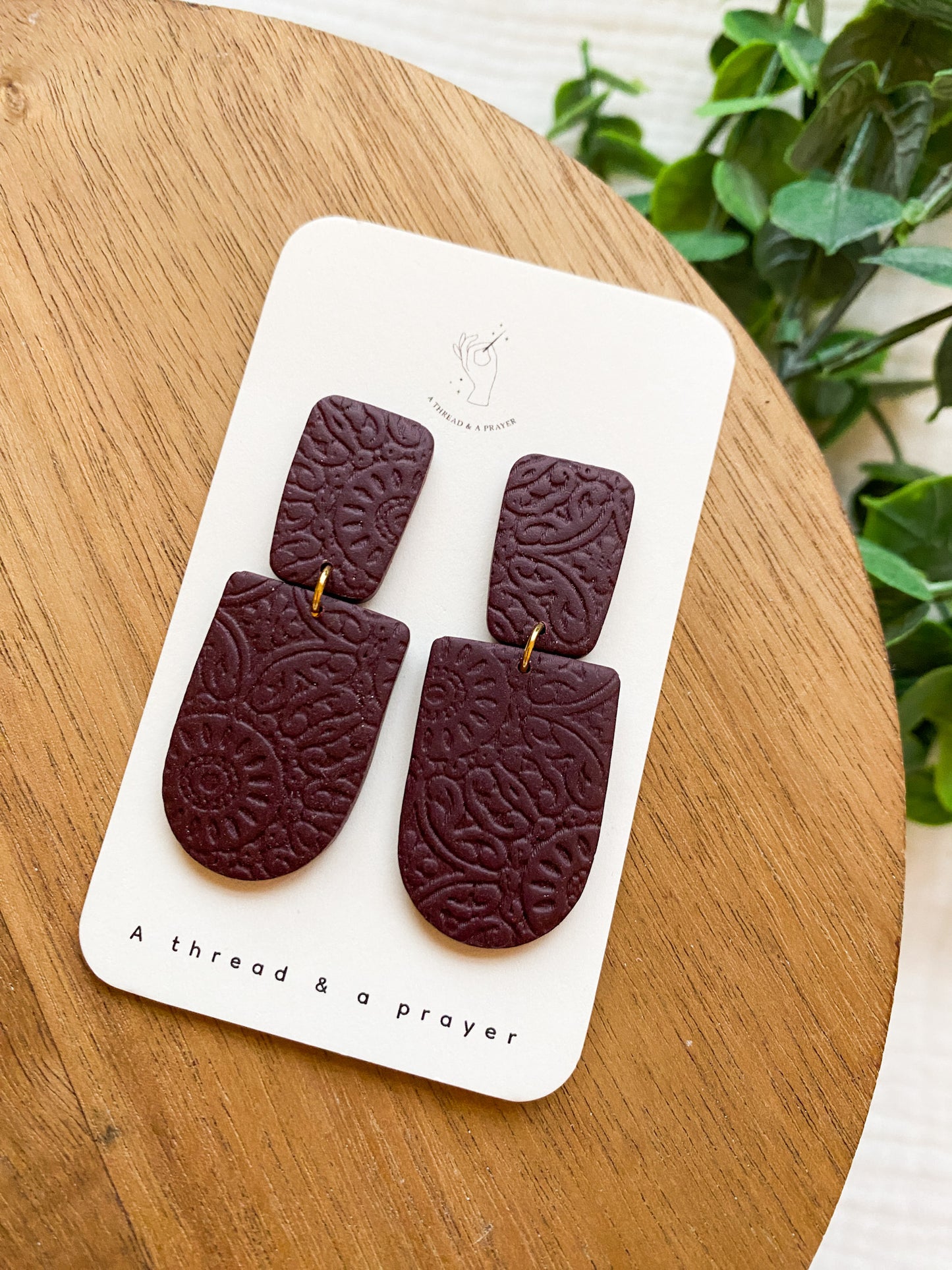 Deep Wine Colored Textured Dangle Clay Earrings | Lightweight Earrings | Stylish Autumn Earrings