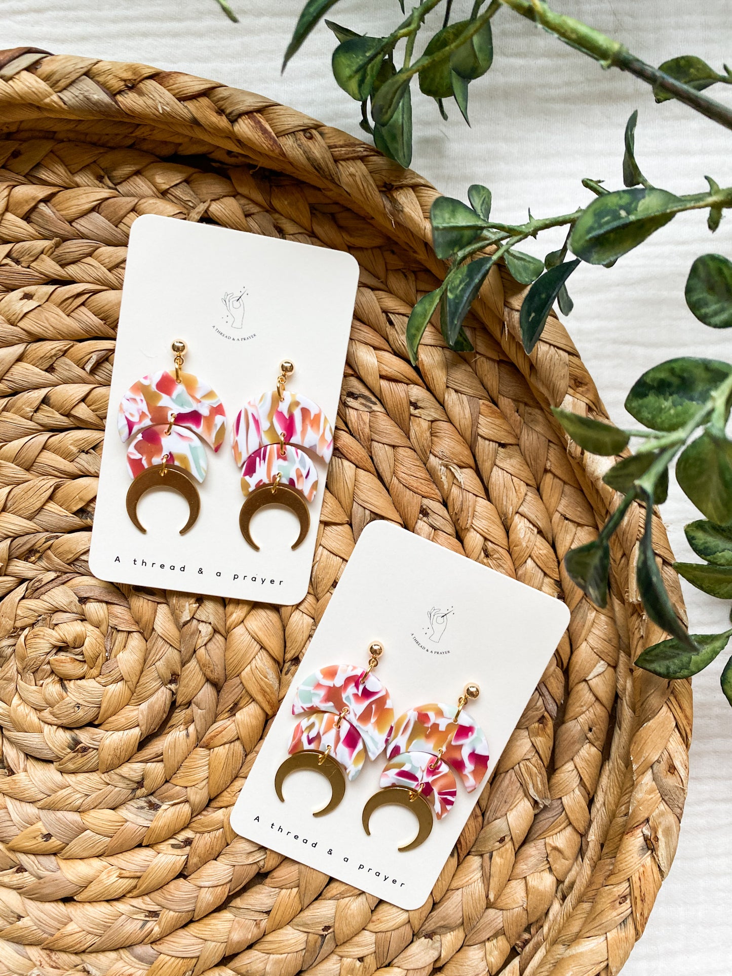 Brass Moon and Spring Stained Glass Clay Dangle Earrings | Polymer Clay and Brass Accent | Lightweight Earrings