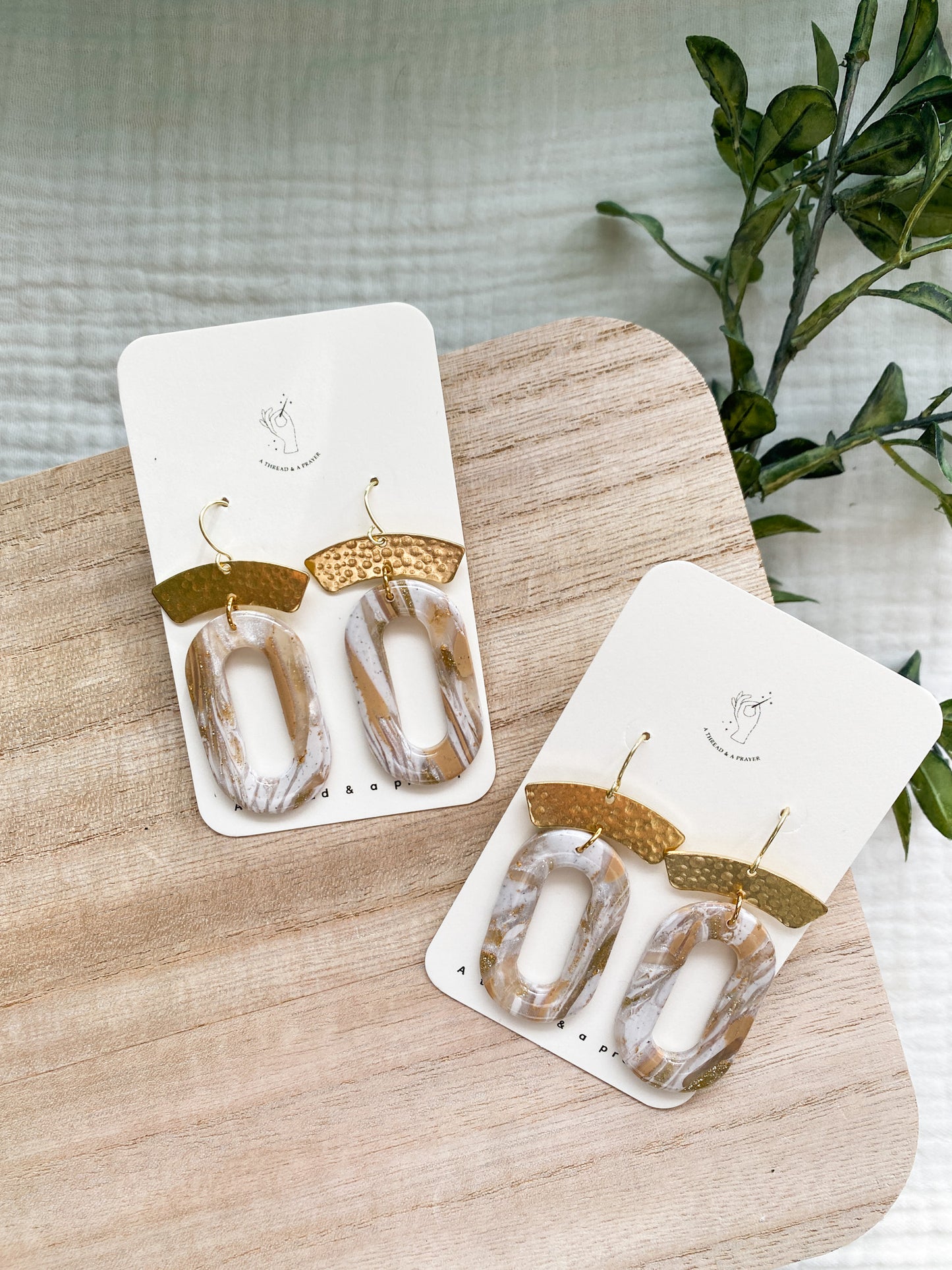 Lightweight Neutral Marble Earrings | Brass and Clay Marble Style | Neutral Marbles and Gold Foil | Bridal Styles | Lightweight